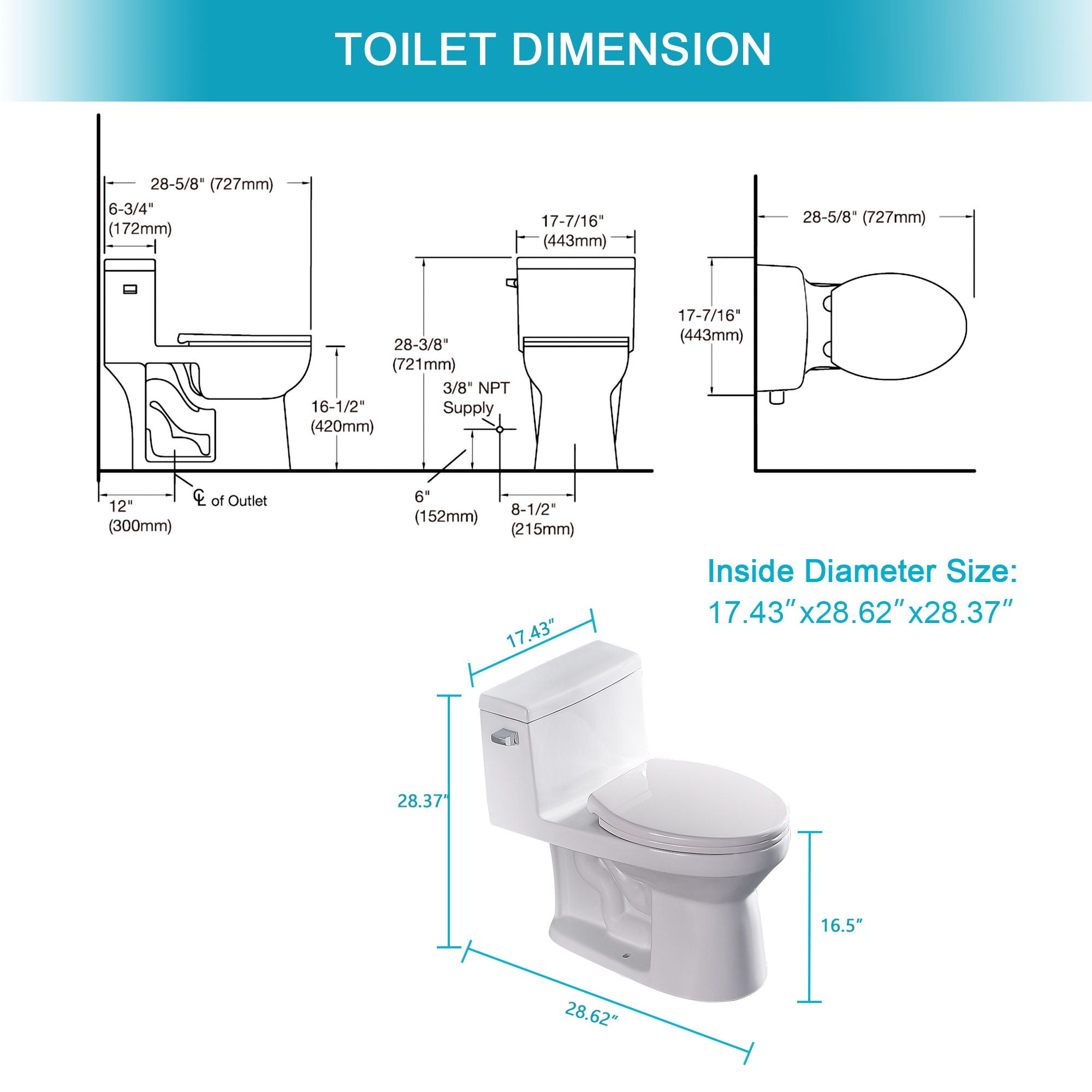 Sleek 1 Piece Toilet With Single Flush And Soft Closing Seat - White