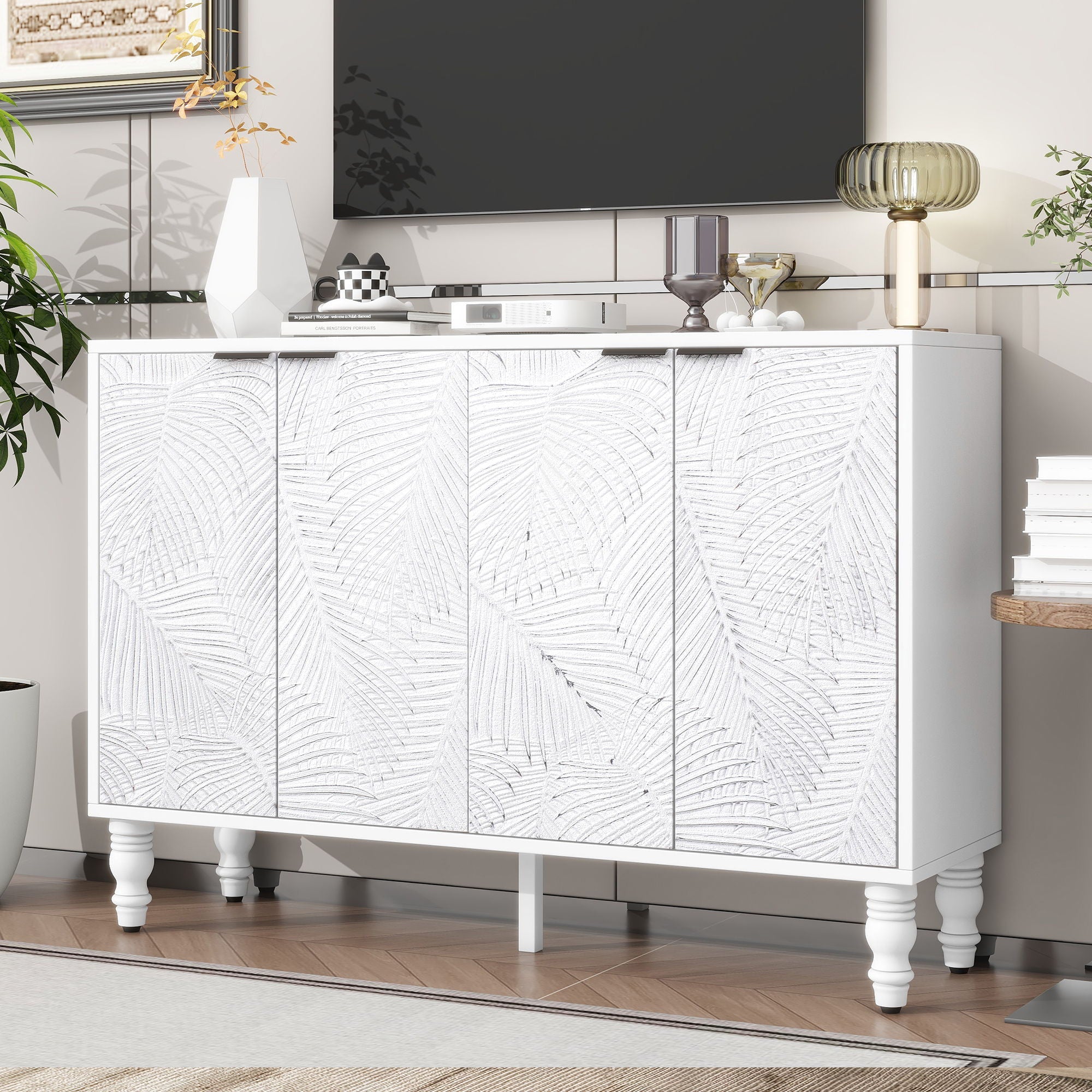 Modern TV Stand With 2 Spacious Storage Space And Anti-Tip Device