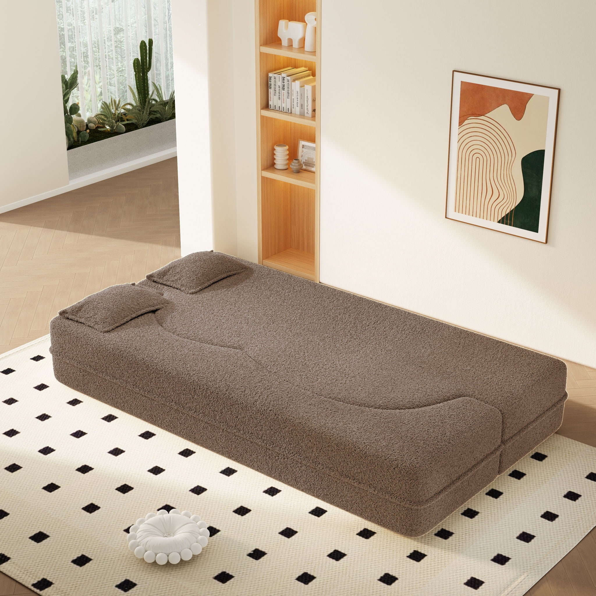 Modern Floor Sleeper Sofa Bed With 2 Pillows, Convertible Twin Size Folding Mattress For Living Room