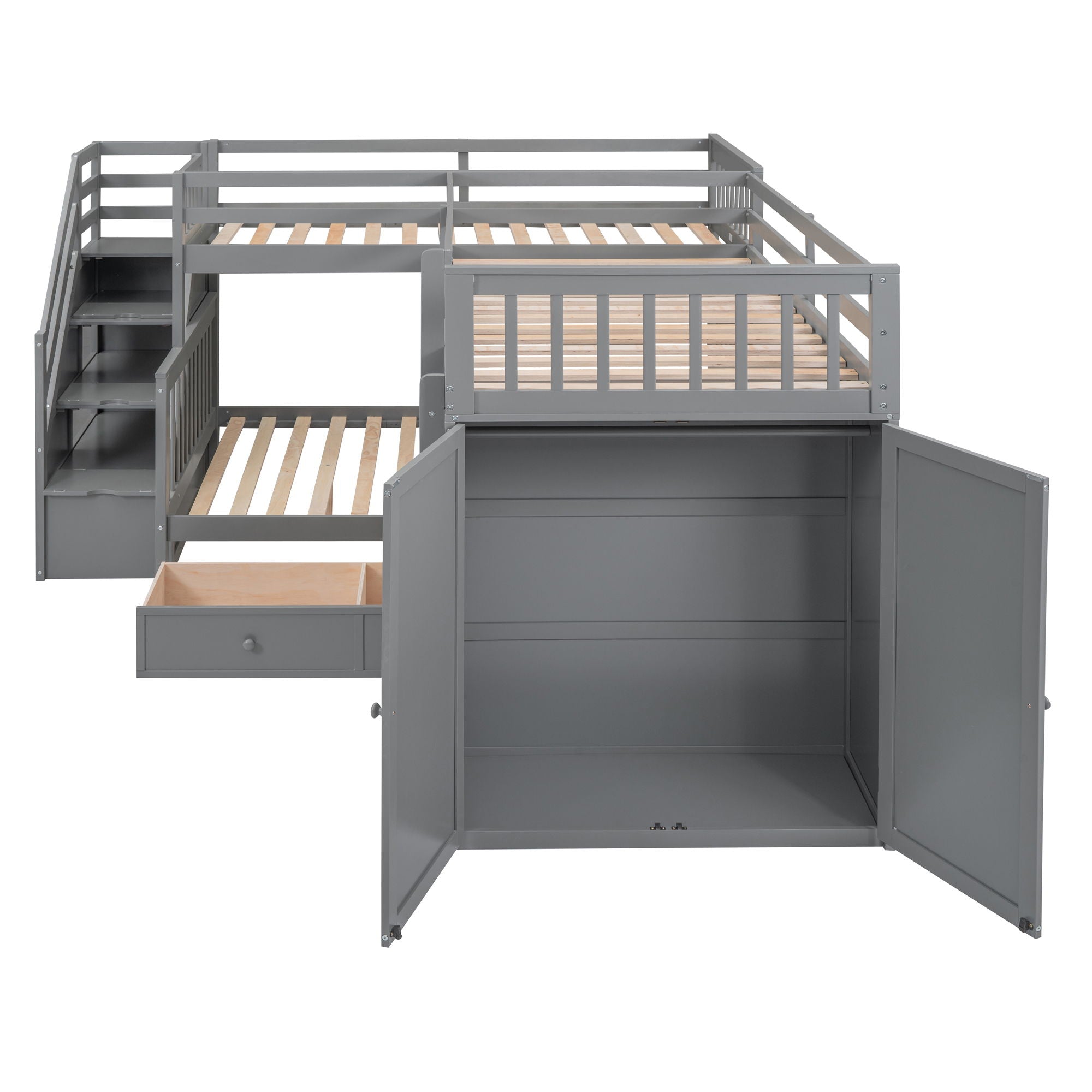 L Shaped Bunk Bed With 3 Drawers, Portable Desk And Wardrobe