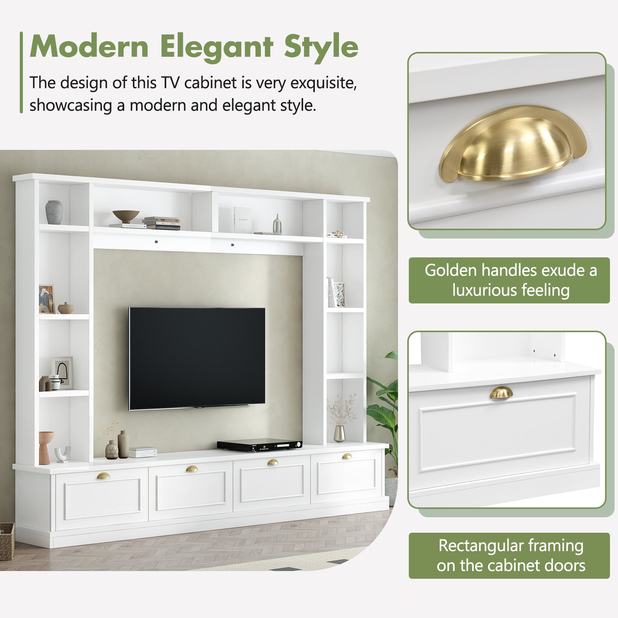 Large Wall Unit Entertainment Center with Bookshelves for TVs Up to 78" Modern TV Console with Cabinets and Open Shelves, 4-in-1 TV Stand with Golden Handles, White, 104.2&