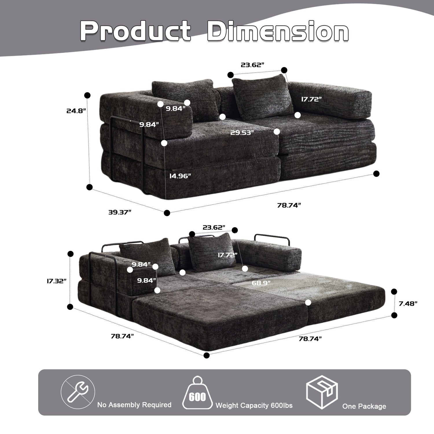 Convertible Floor Sofa Bed With Pillow Back Support Armrest