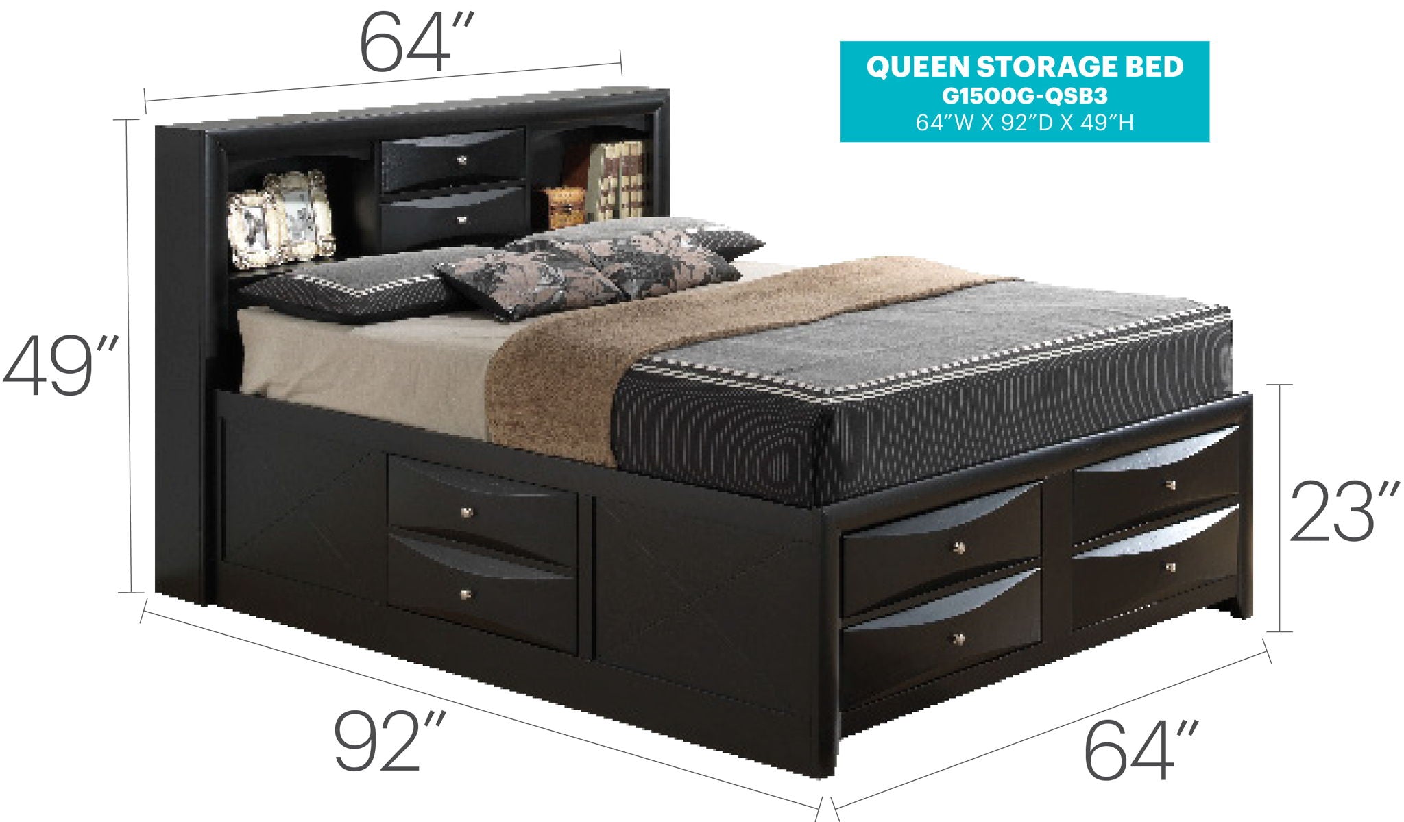 Modern Design Storage Bed With Bookcase Headboard