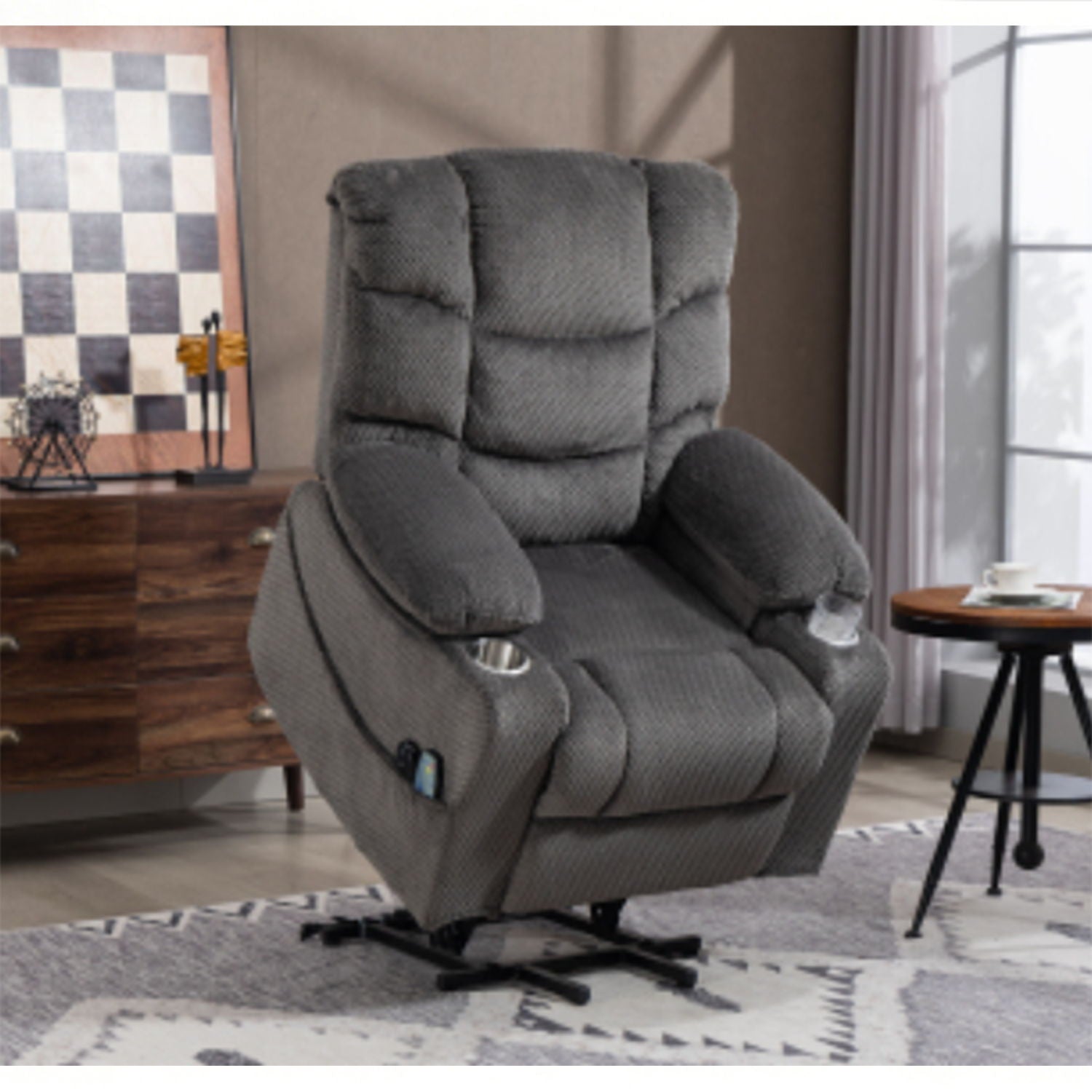 Ultra Wide Electric Lounge Chair With Hot Massage Heating And Auxiliary Standing Function, For Living Room - Gray
