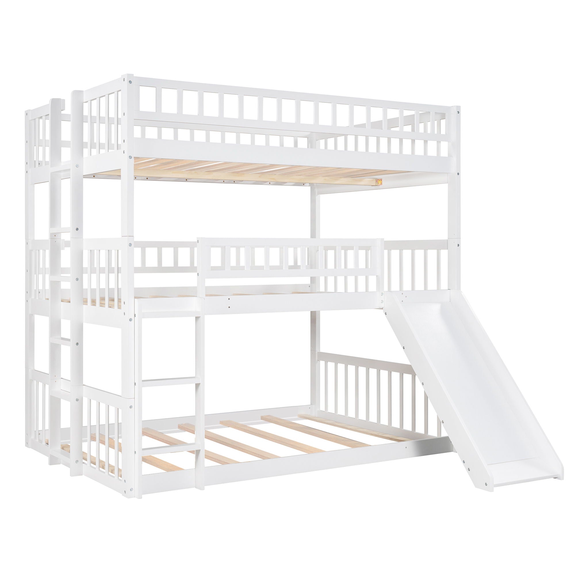 Triple Bed With Built-In Ladder And Slide, With Guardrails