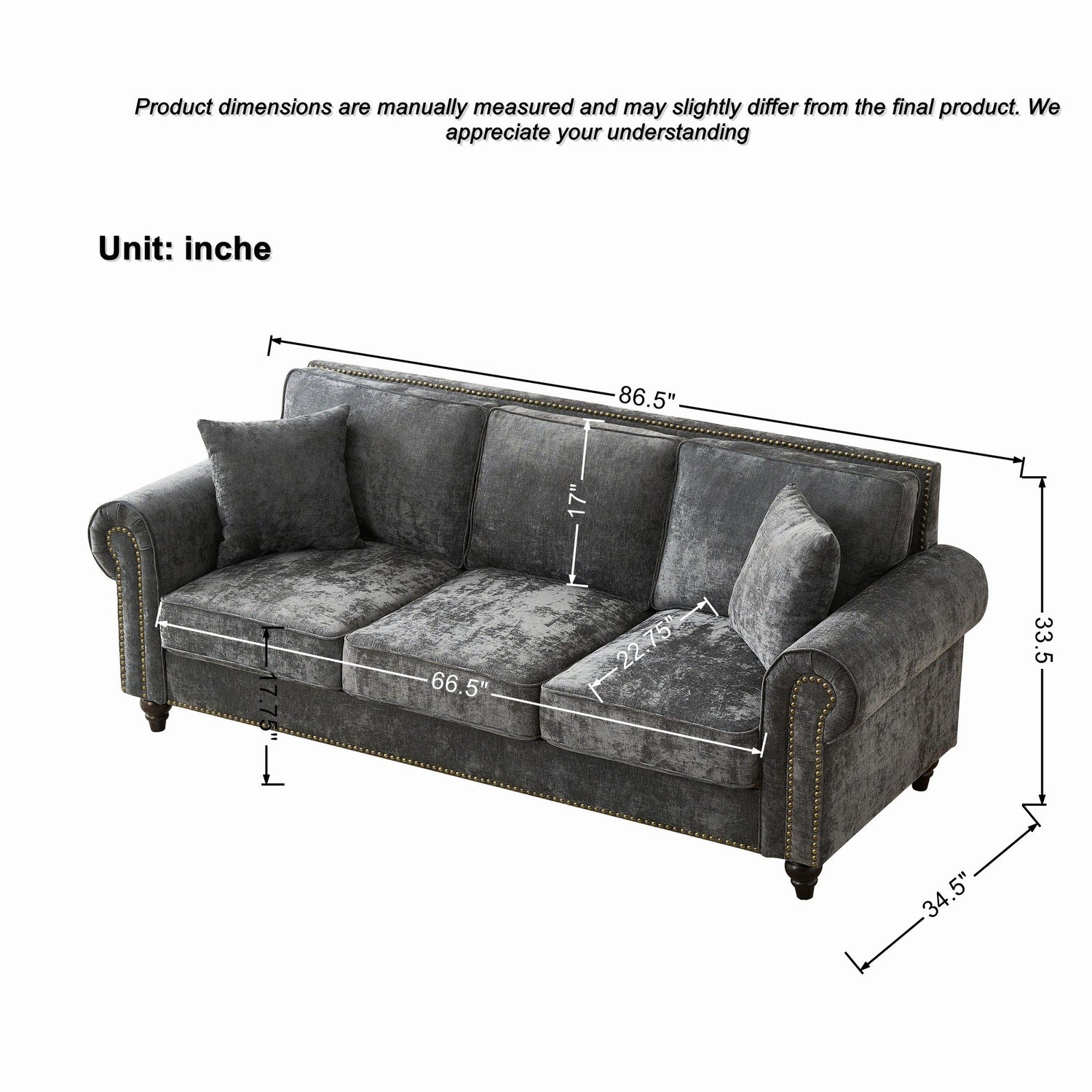 Modern 3 And 2 Seater Sofa With Rolled Arms, Tufted Upholstered Couch