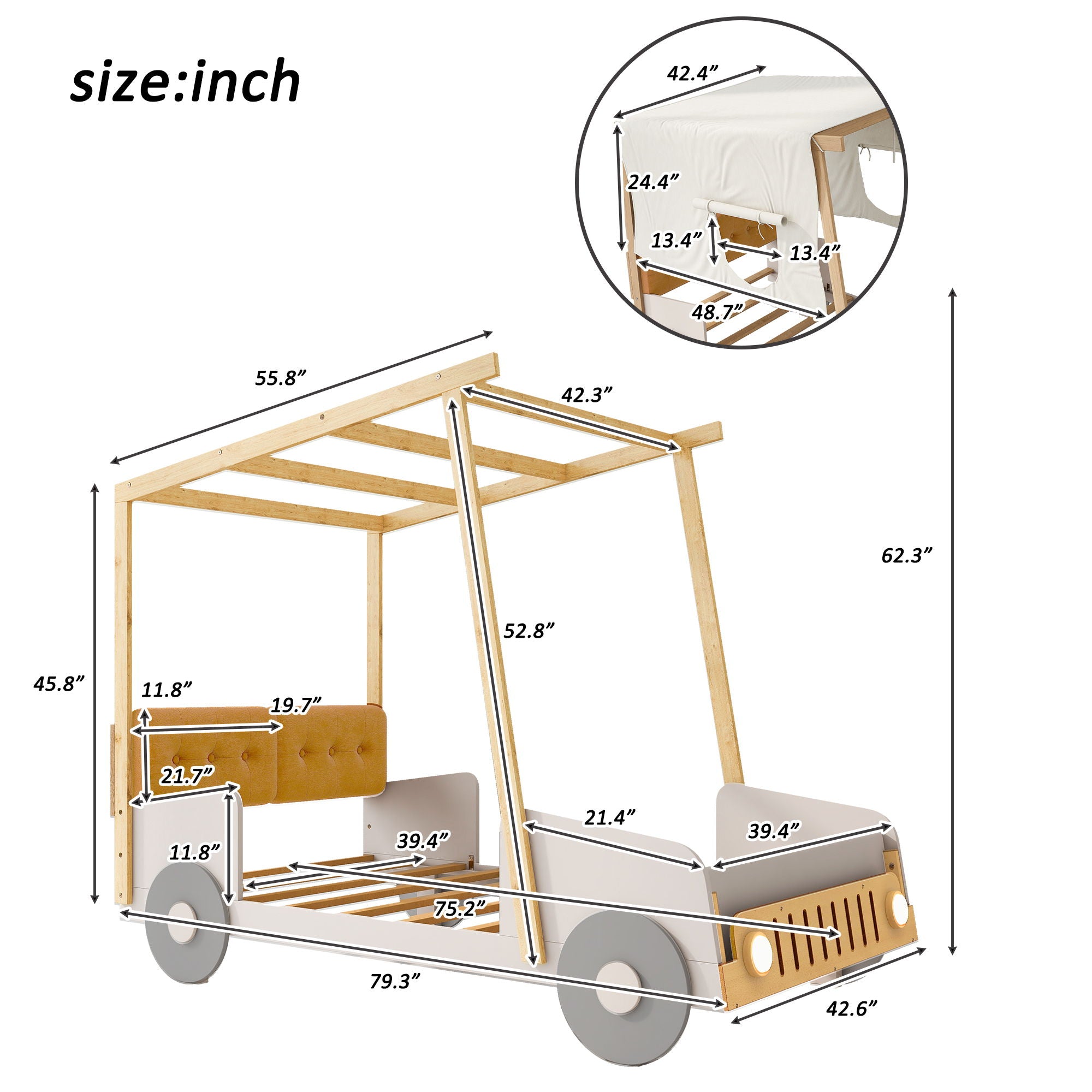 Car Bed With Pillow, Ceiling Cloth And LED