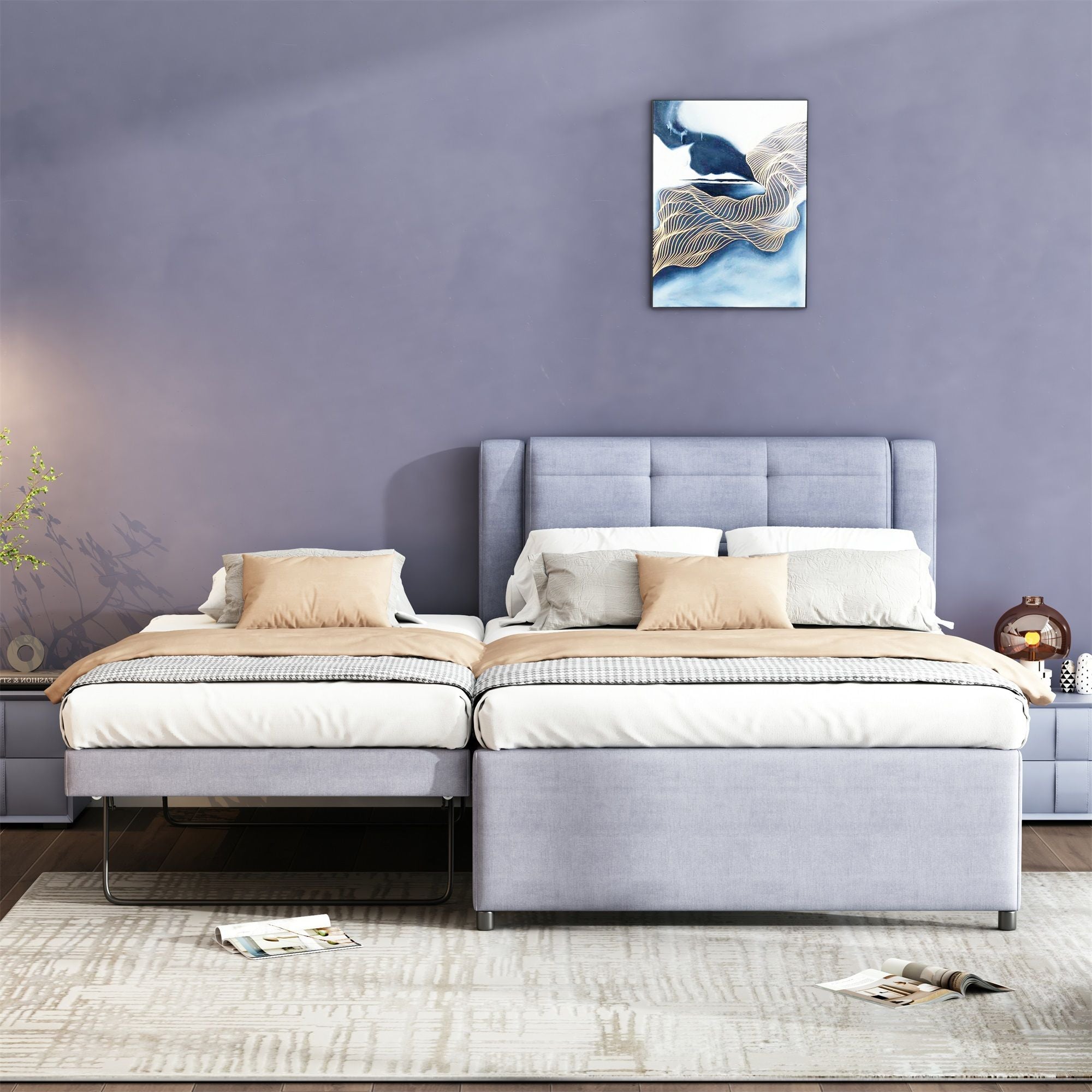 Upholstery Platform Bed With Trundle, Trundle Can Be Flat Or Erected