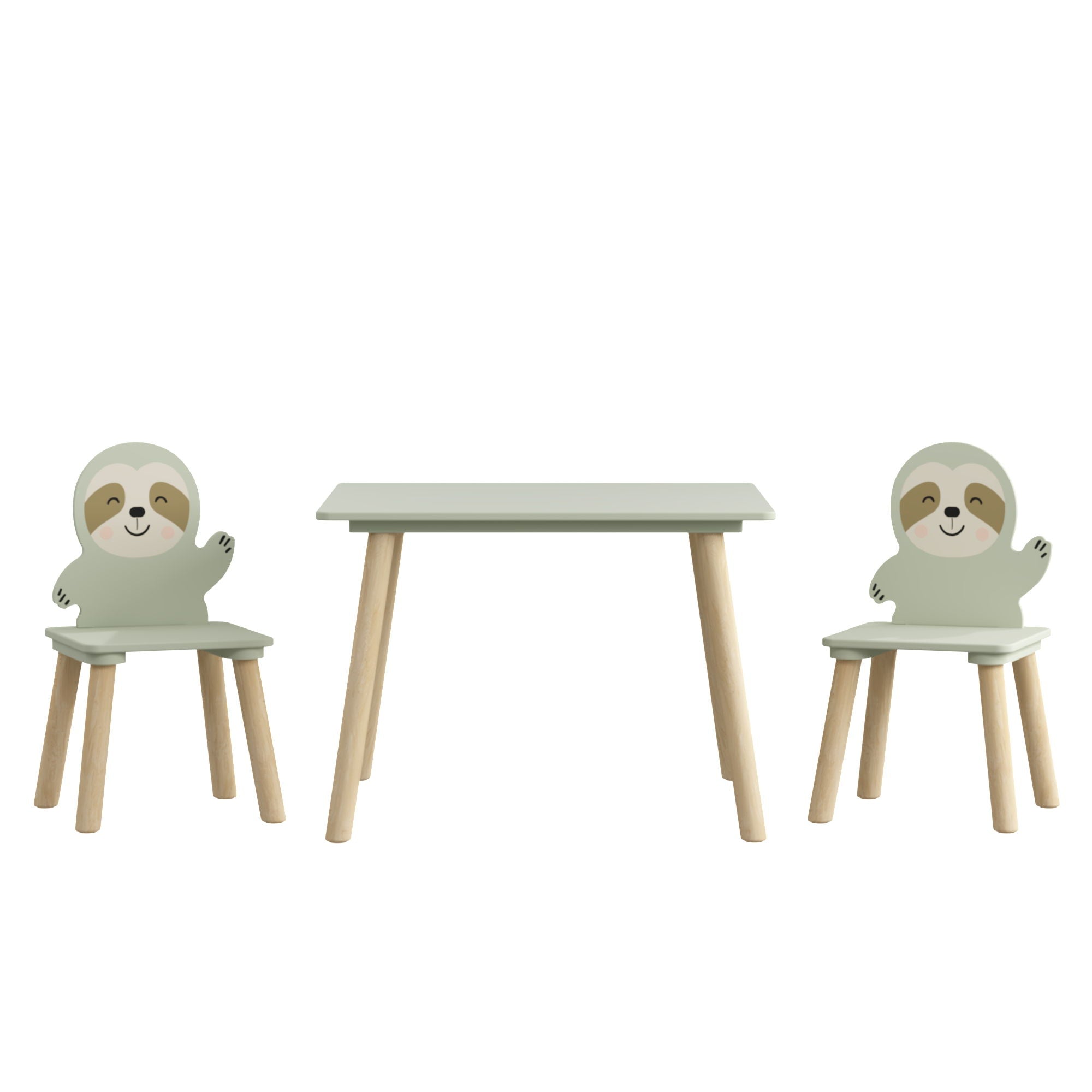 Sloth Themed Table And Chair Set With 2 Cute Animal Chairs - Natural Wood / Sage Green