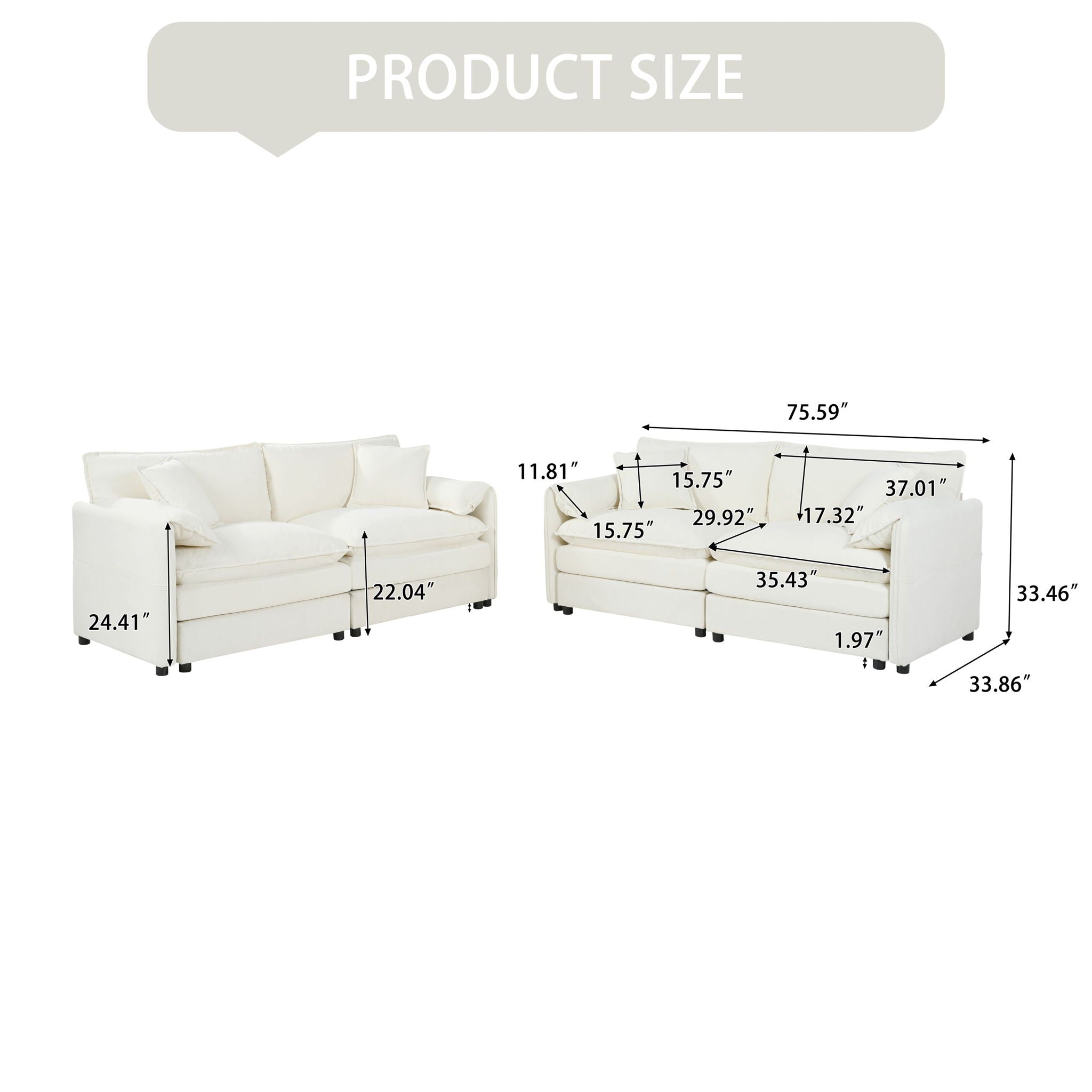Modern Chenille Oversized Deep Seat Luxury 2 Piece Sofa Set With 4 Pillows