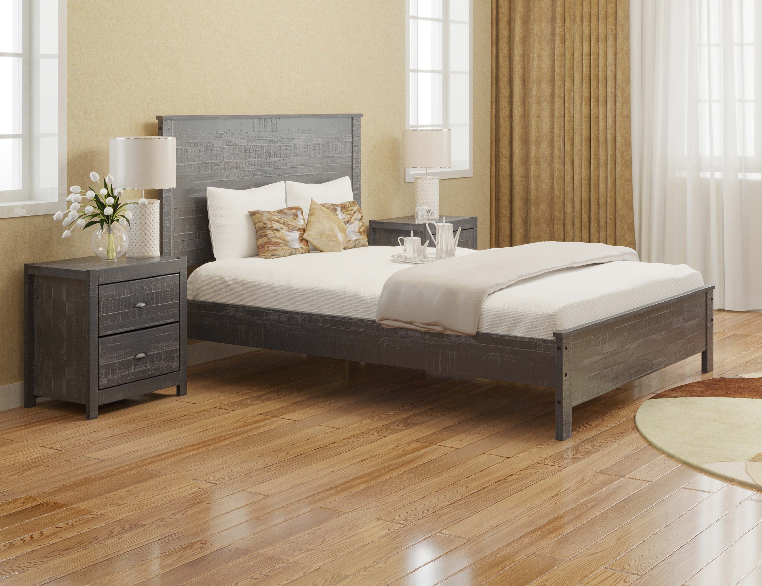 Albany 3 Piece Queen Bed Set, Heavy Duty Solid Wood Queen Size Bed Frame with Bedside Table Set of 2, Grey