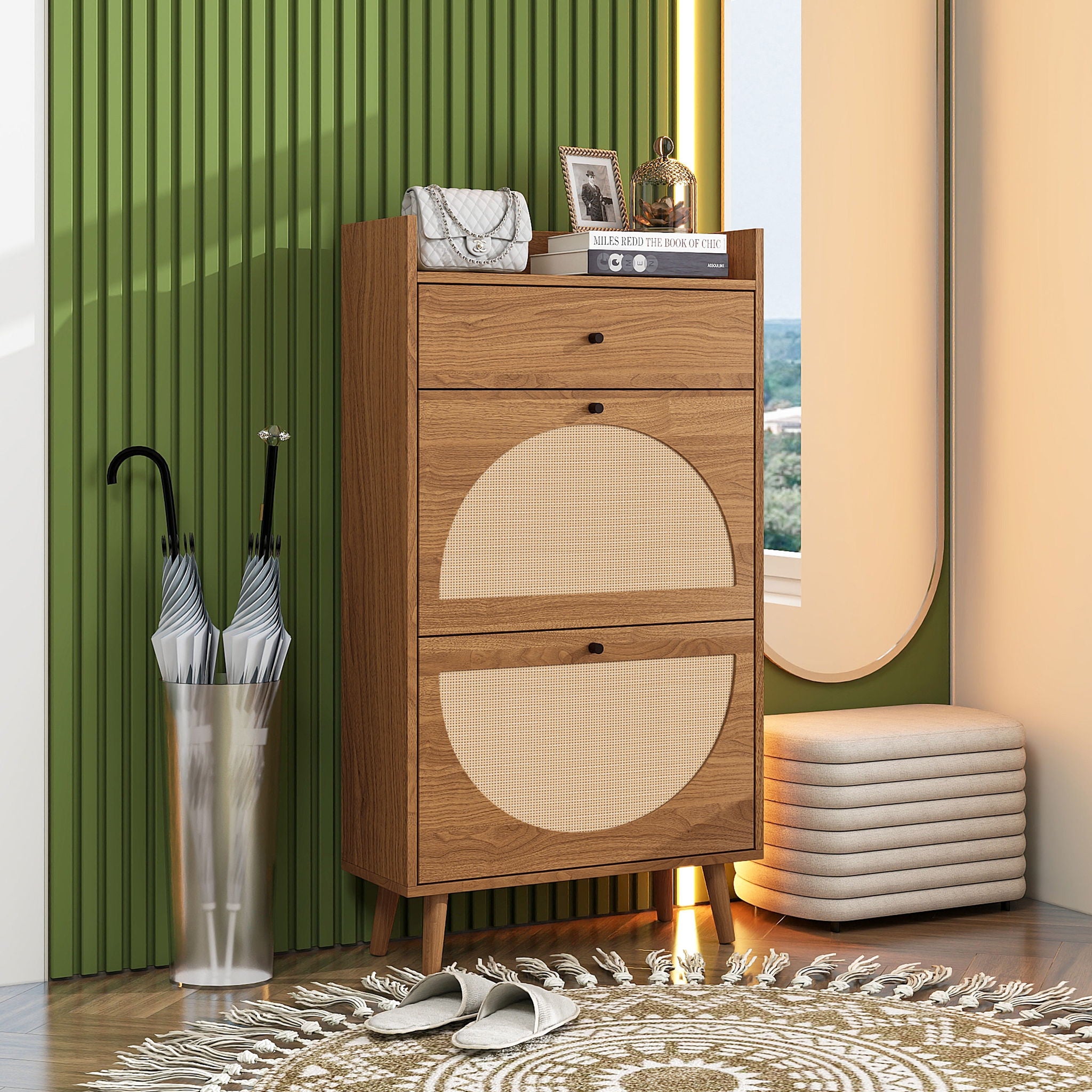 Allen - Rattan 2 Door 1 Drawer Cabinet Shoe Rack For Entrance
