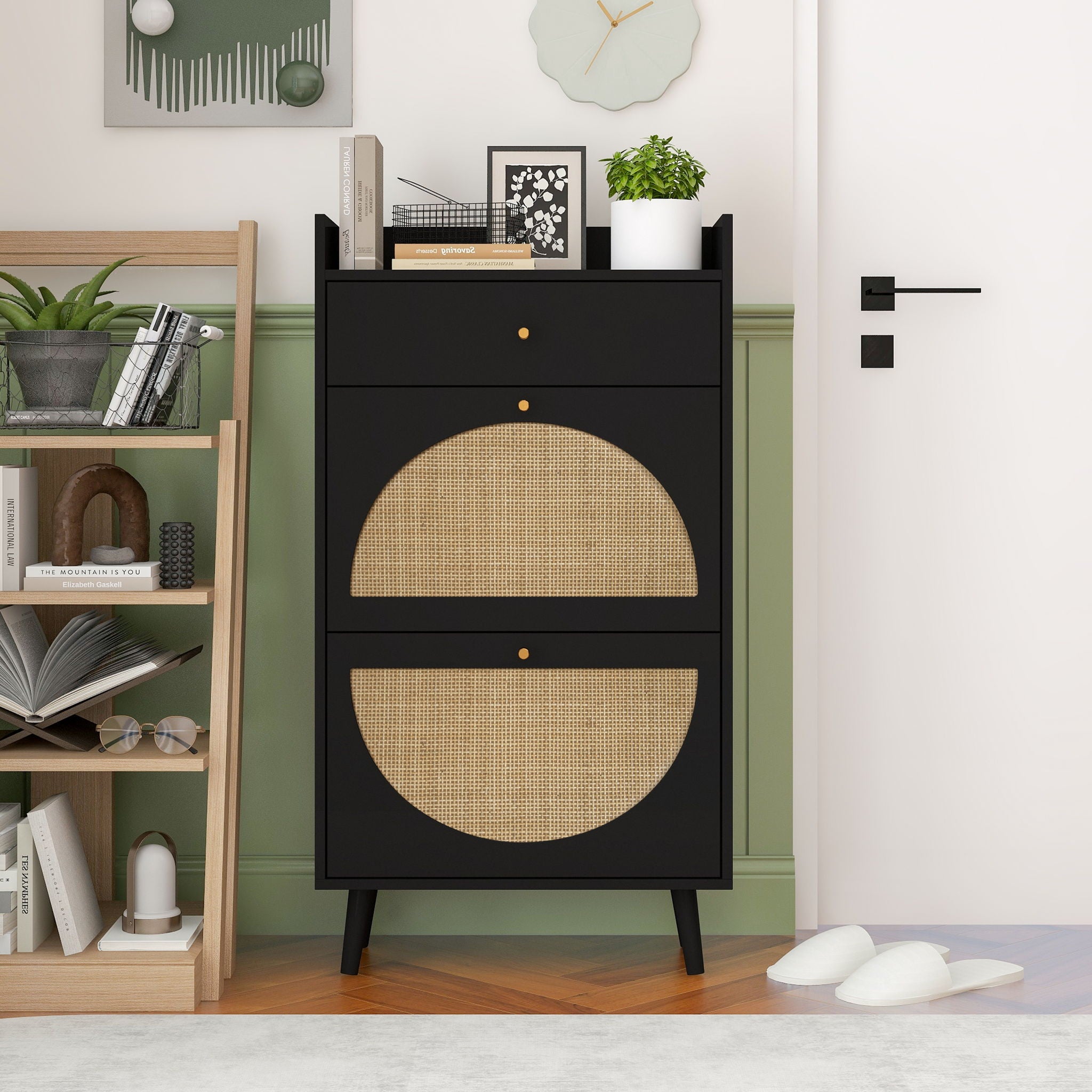 Allen - Rattan 2 Door 1 Drawer Cabinet Shoe Rack For Entrance