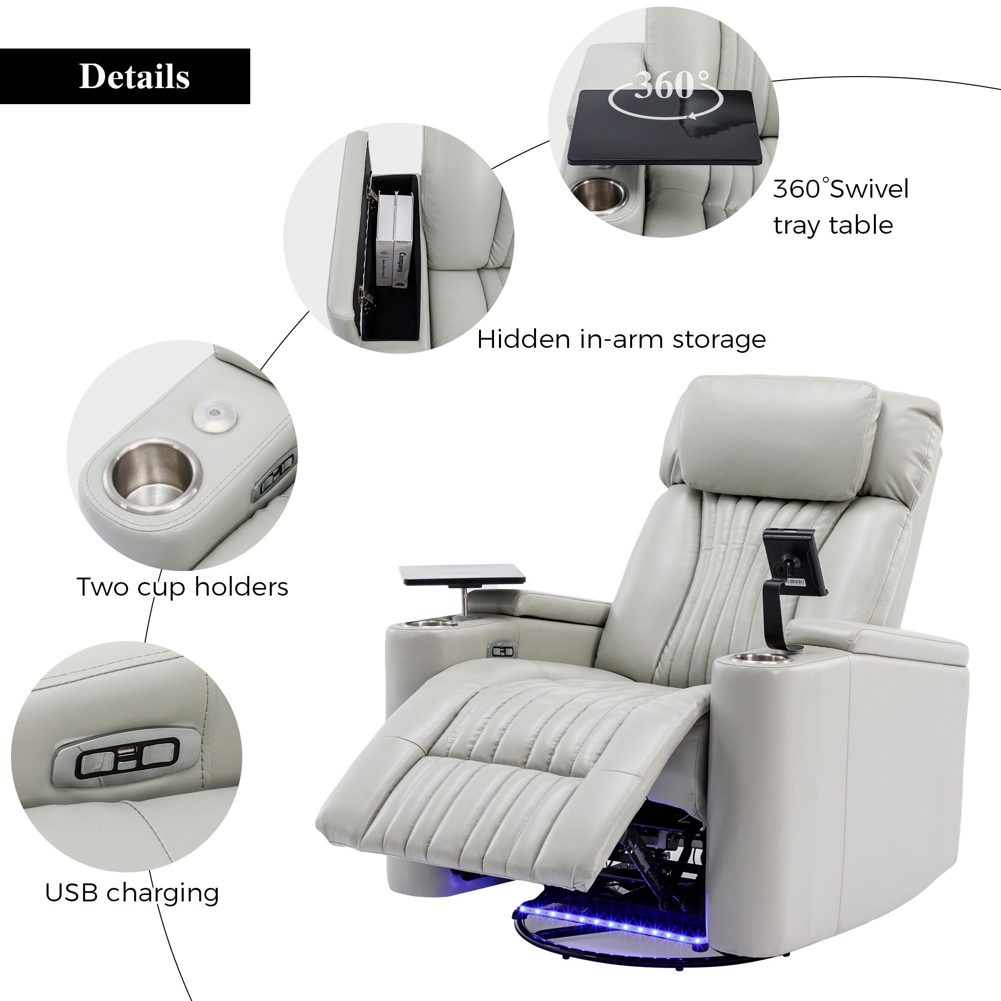 270° Power Swivel Recliner Home Theater Chair With Hidden Arm Storage, LED Light, Cup Holder, And Tray Table