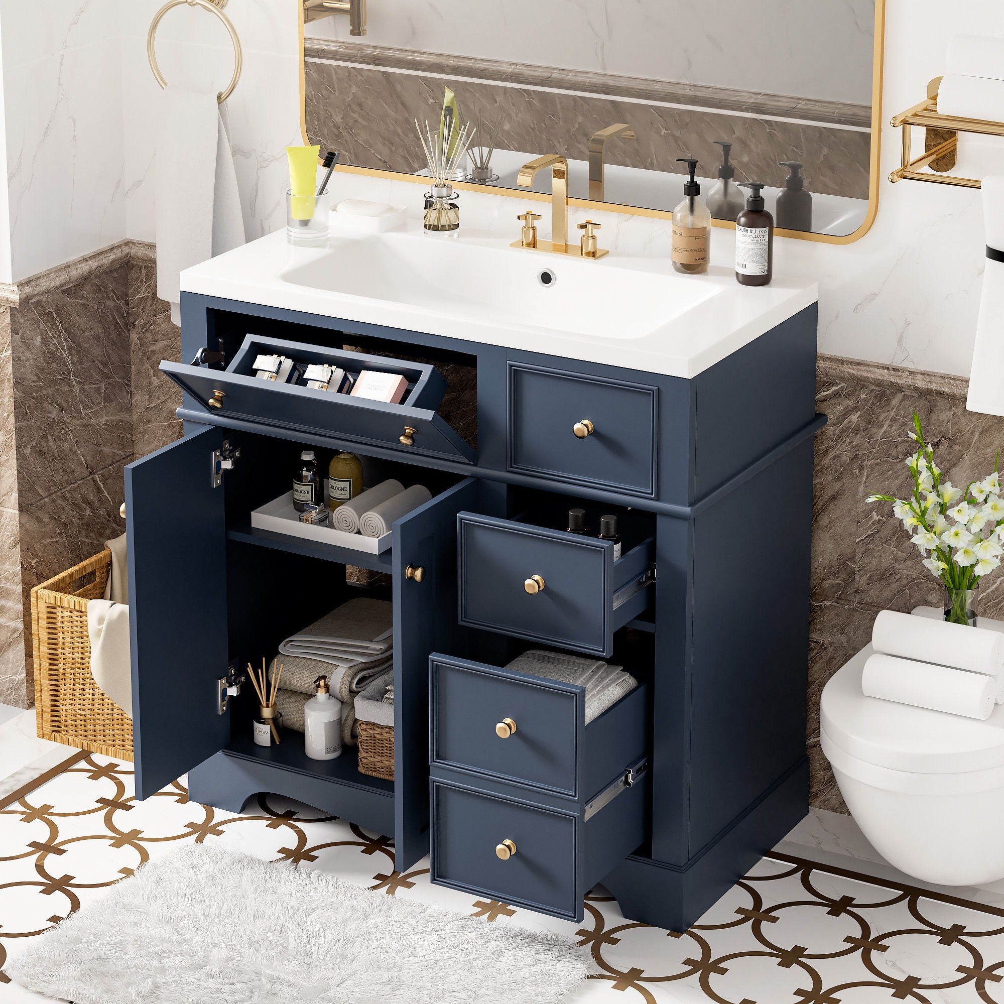 Bathroom Vanity With Resin Sink Combo, Frame Bathroom Storage Cabinet, Freestanding Vanity Set With 3 Drawers & Adjustable Shelf - Blue