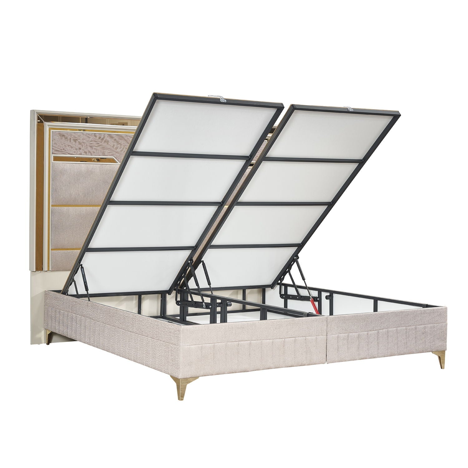 Omari - Queen Size Upholstered Bed, Hydraulic Lift Storage - Beige