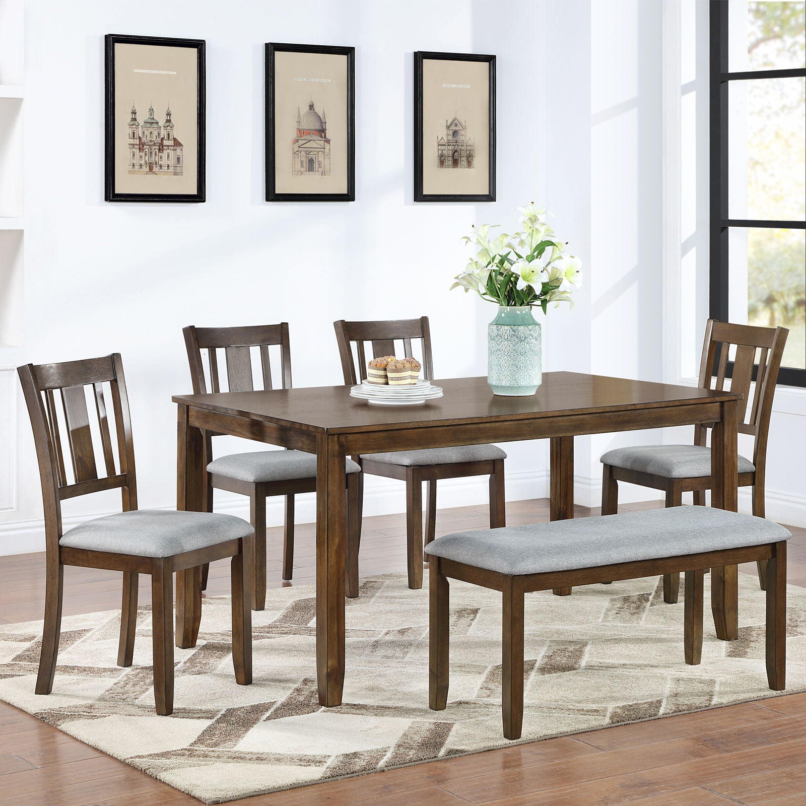 6 Pieces Kitchen Dining Set, Rectangular Wooden Dining Table With 4 Upholstered Chairs And A Bench