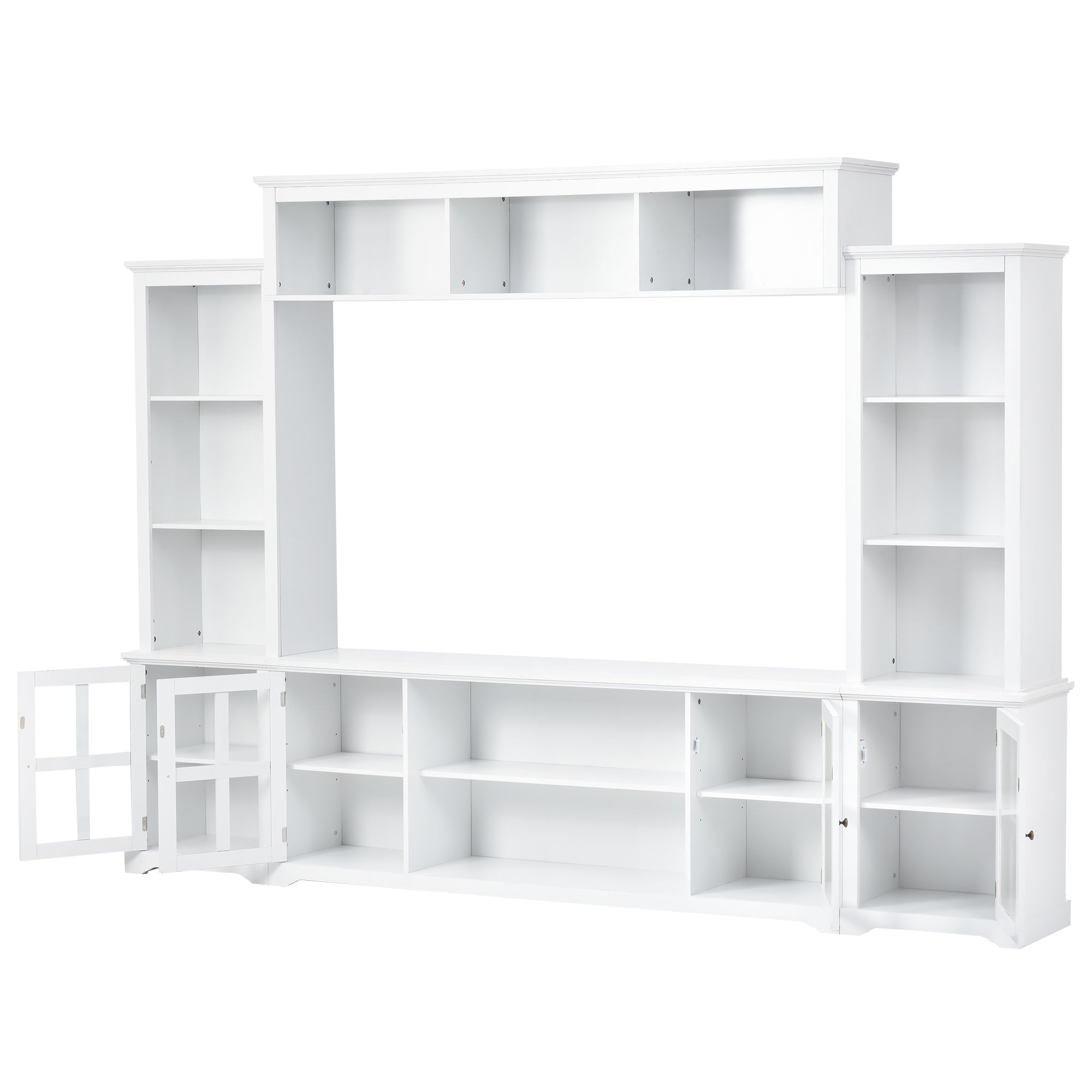 Entertainment Wall Unit with Bridge, Modern TV Console Table for TVs Up to 70", Multifunctional TV Stand with Tempered Glass Door, White