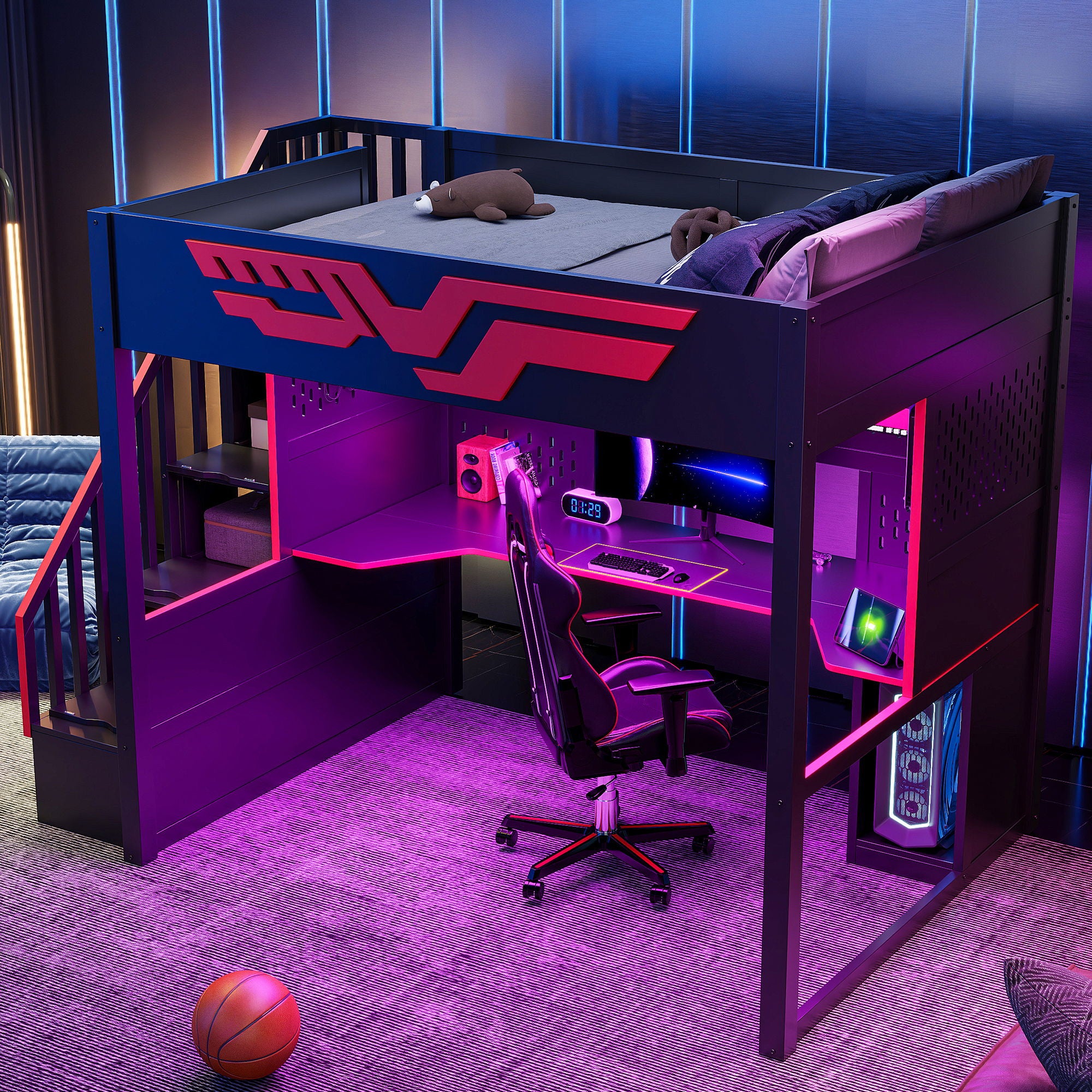 Full Gaming Loft Bed With Desk And Storage Staircase, LED Lights And USB - Red / Black