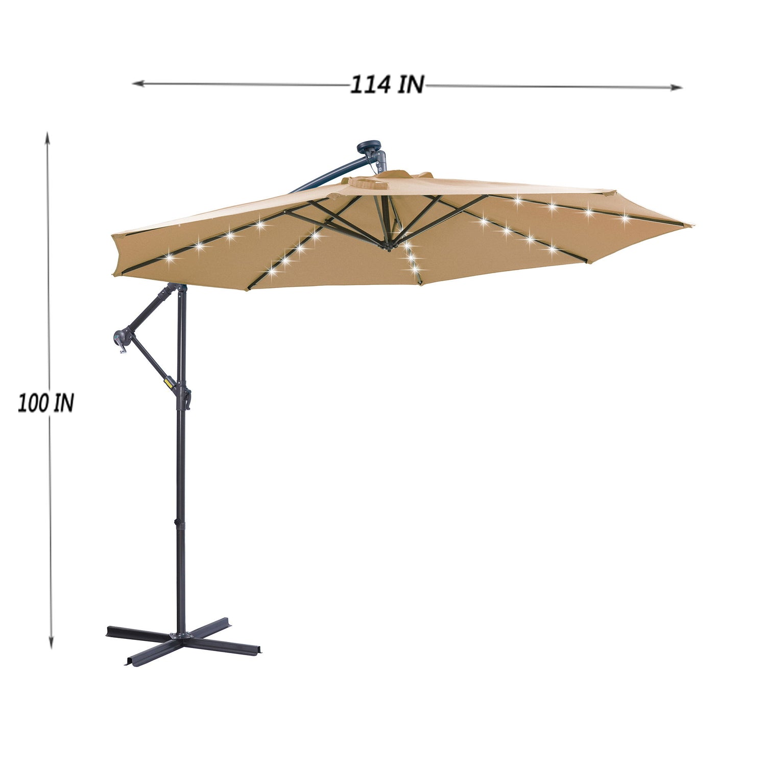 Outdoor Cantilever Patio Umbrella With 32 LED Lights 10 Ft Hanging Design Easy Open Adjustment Metal Frame - Taupe