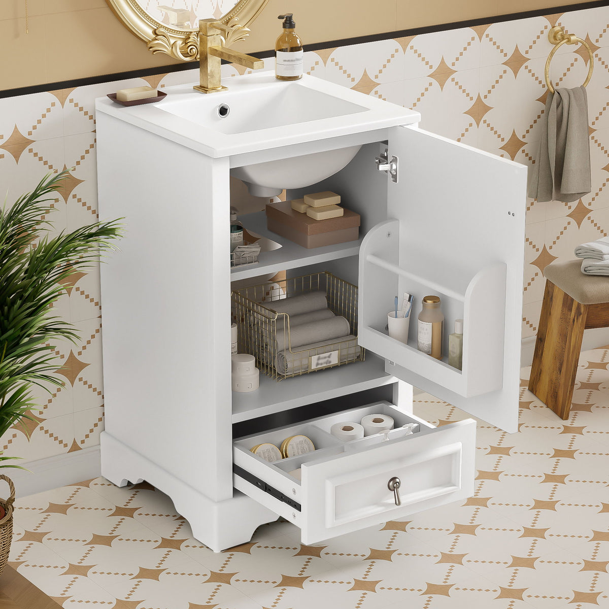 Bathroom Vanity With Sink, Soft Close Door, Adjustable U-Shaped Shelf