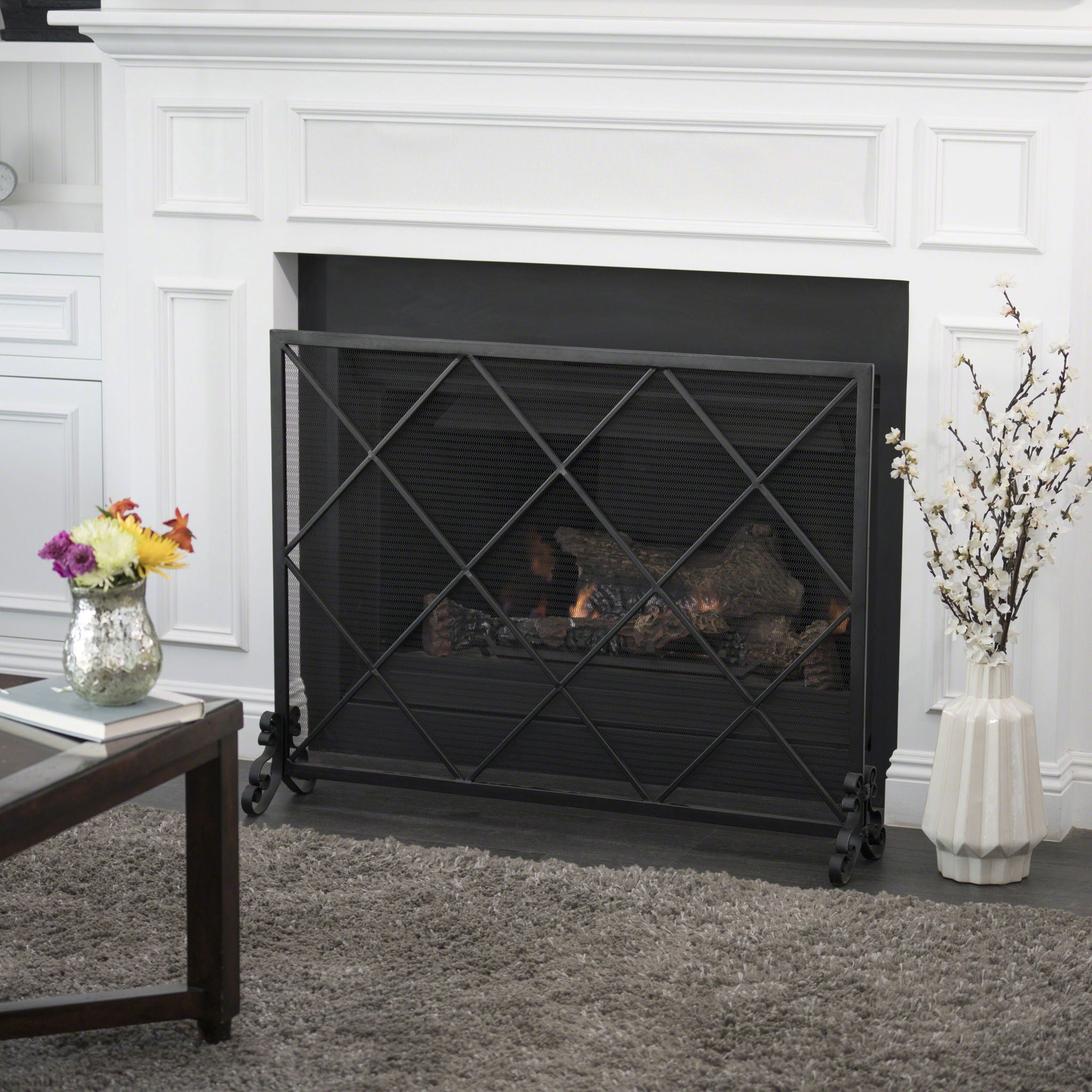 Minimalist Single Panel Iron Fireplace Screen With Diamond Design - Black