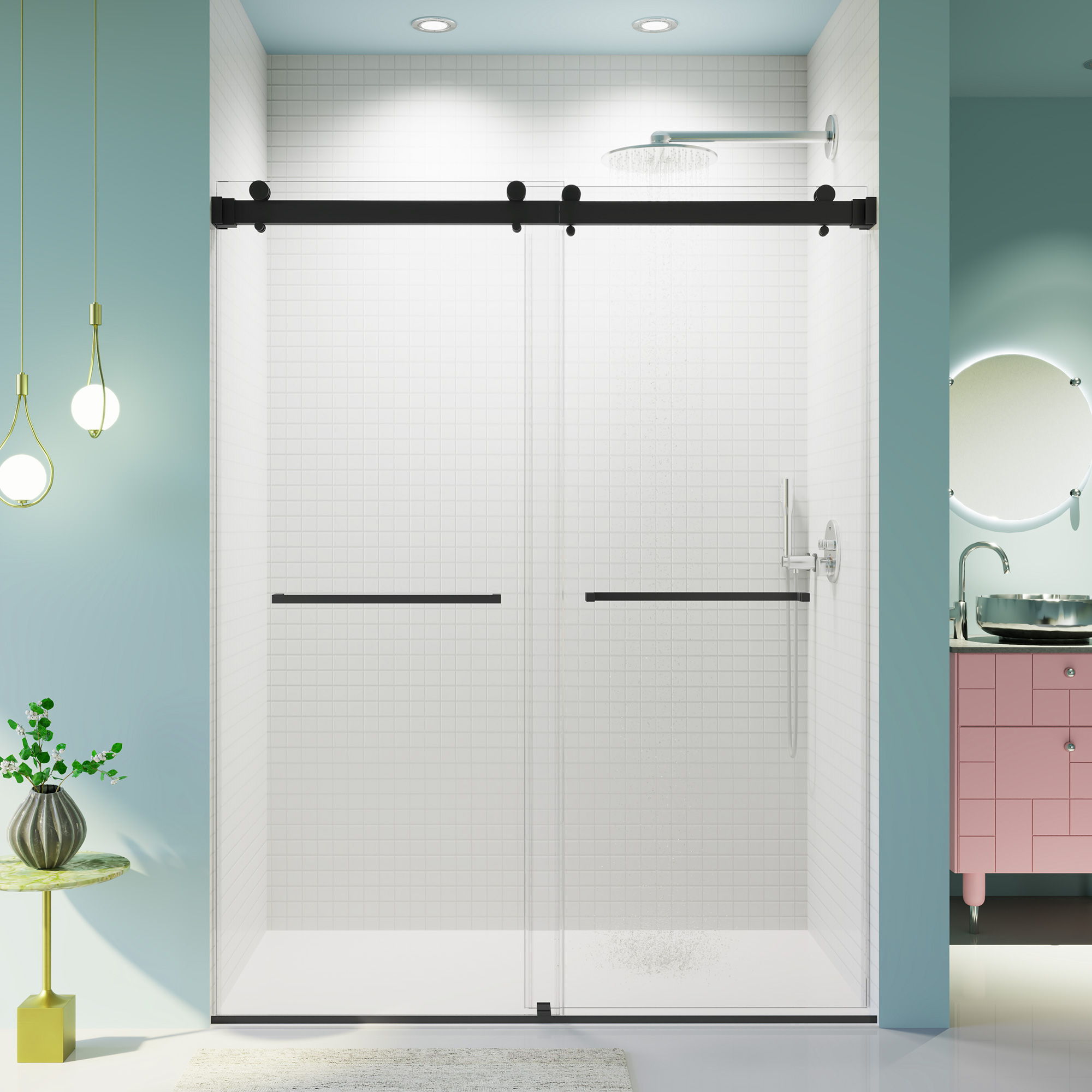 Frameless Double Sliding Shower Door In, Thick Tempered Glass, Reversible Installation
