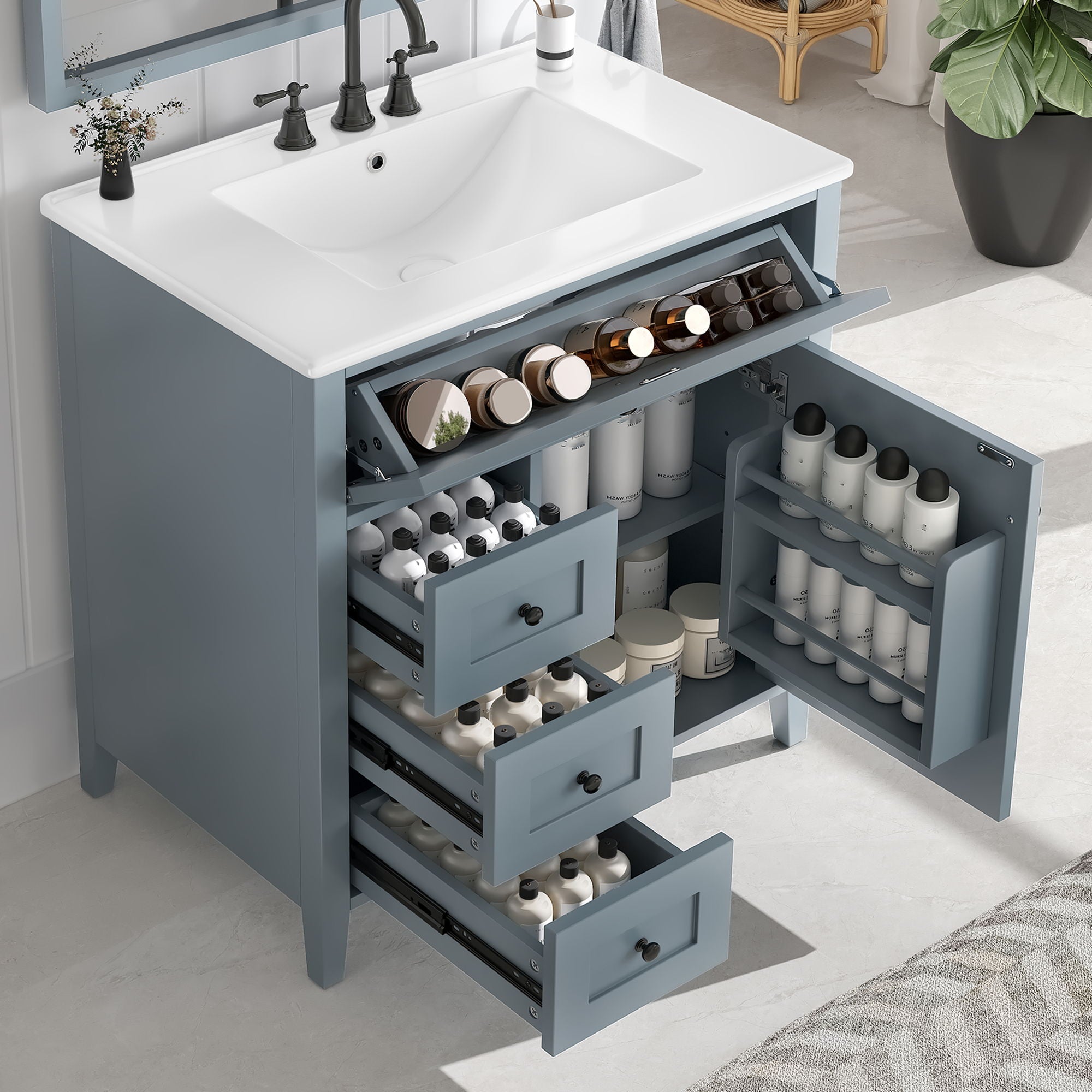 Modern Bathroom Vanity With Sink, 3 Drawers And Adjustable Shelf