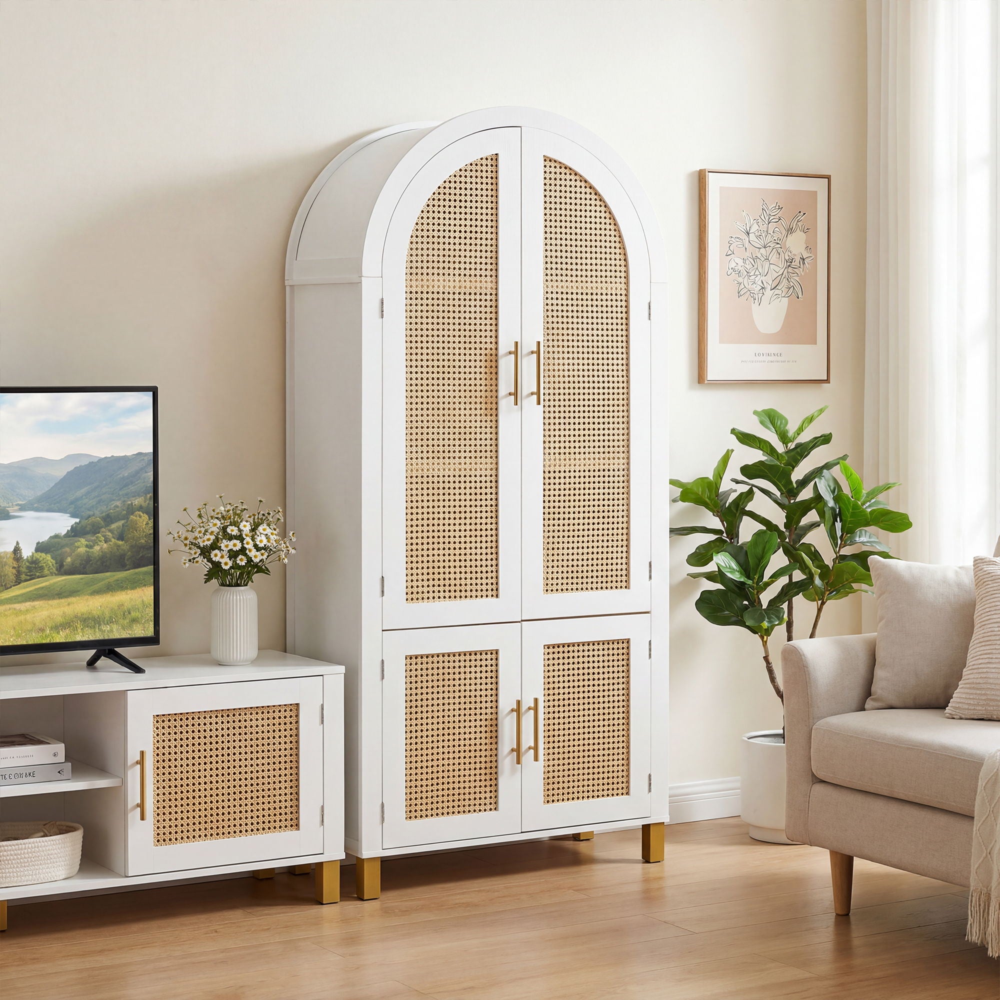 Tall Arched Cabinet With Rattan Doors & Adjustable Shelves
