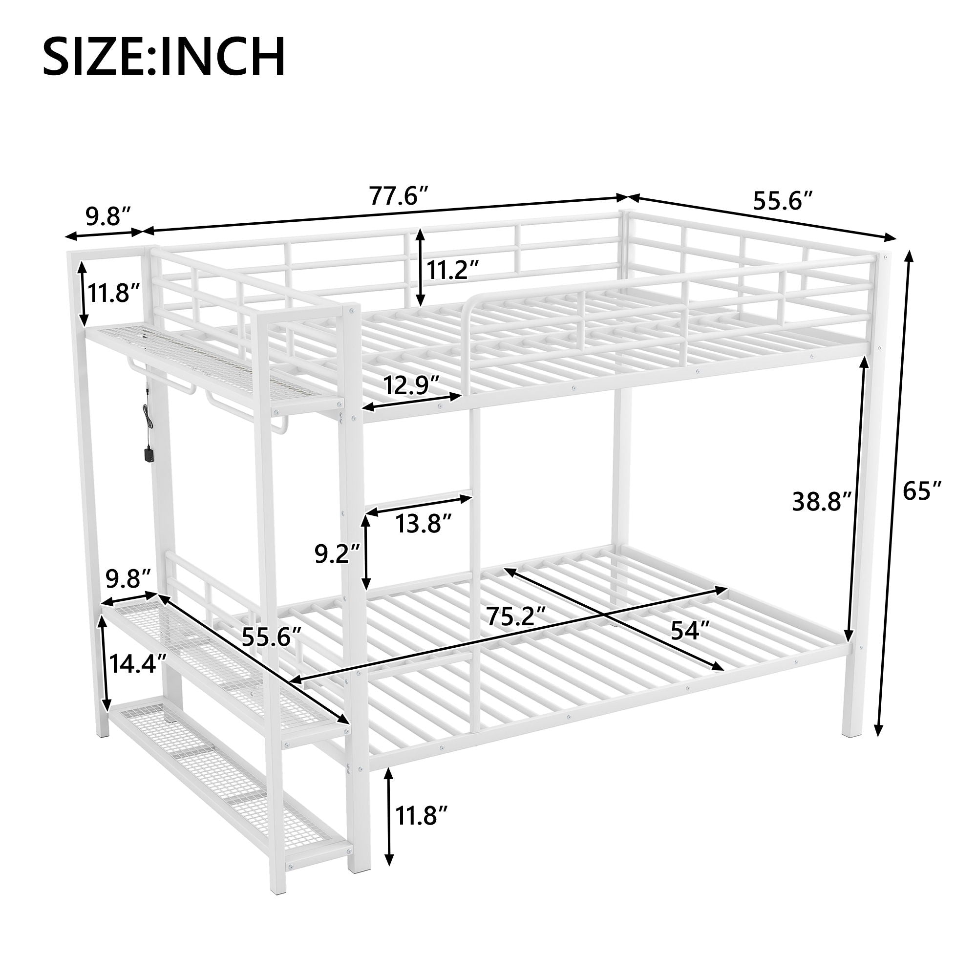 Bunk Bed With Storage Shelves, Clothes Hooks, LED Light