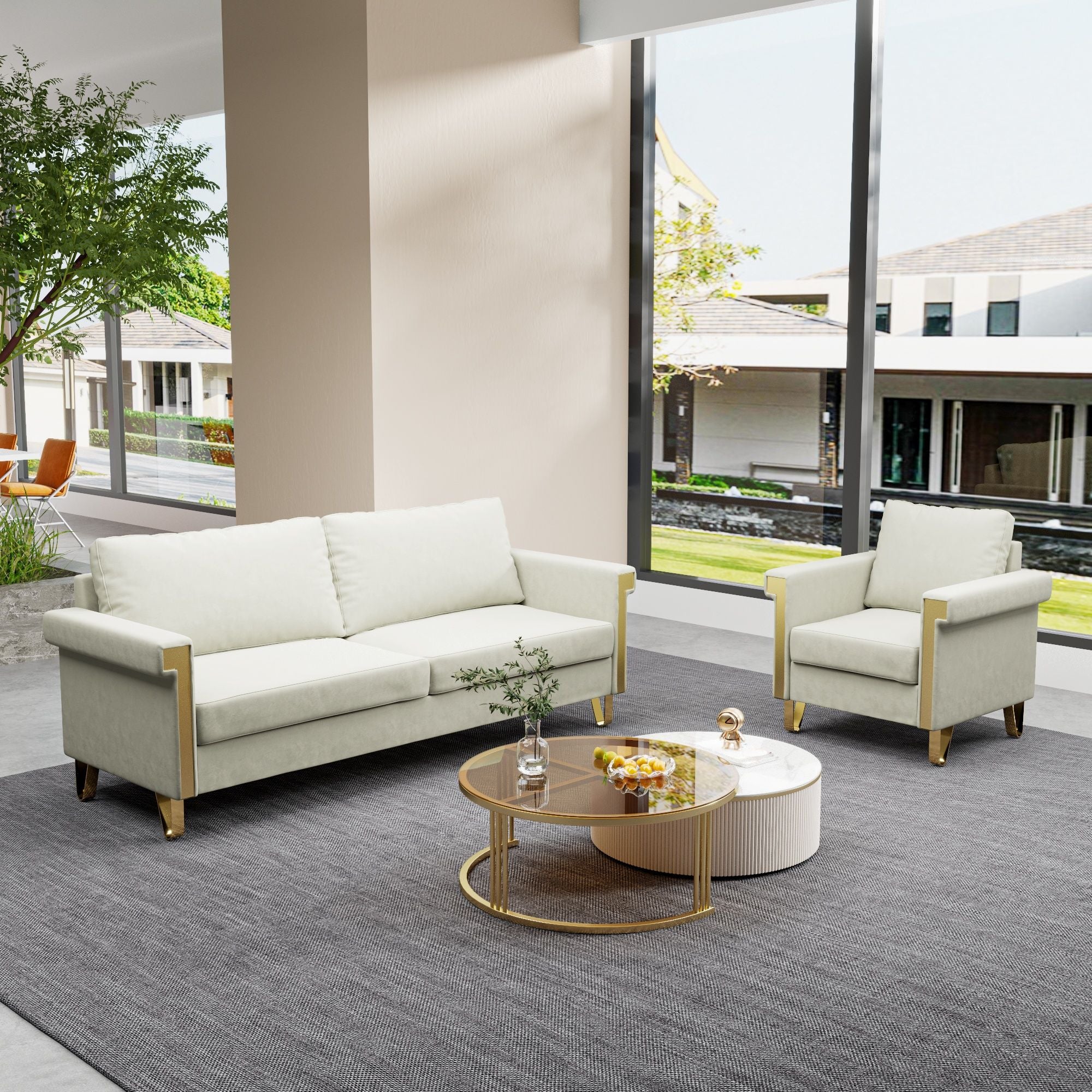Luxury Velvet Sofa And Chair Set With Metal Accents