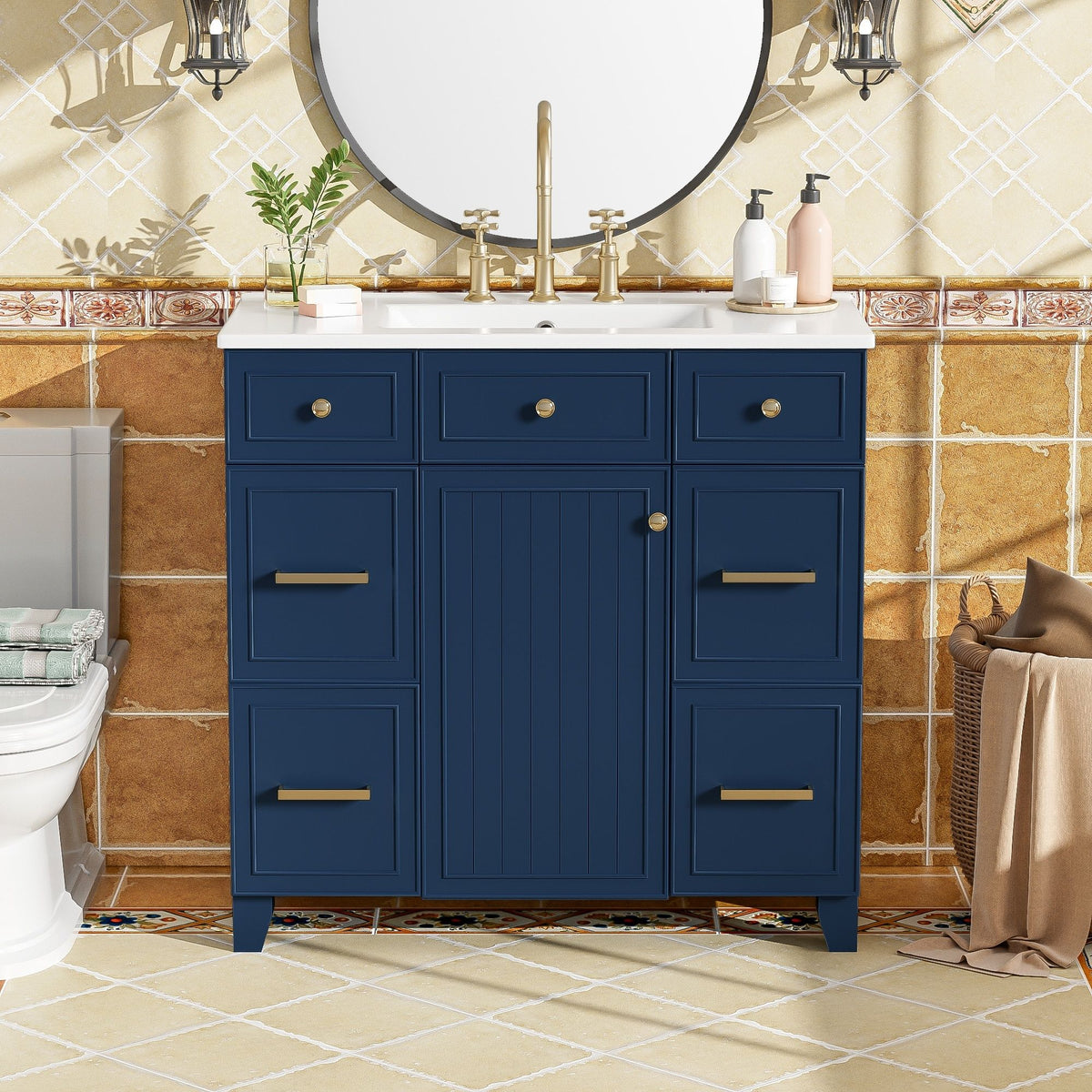 Bathroom Vanity With Ceramic Sink, Soft Close Doors, Adjustable Shelves