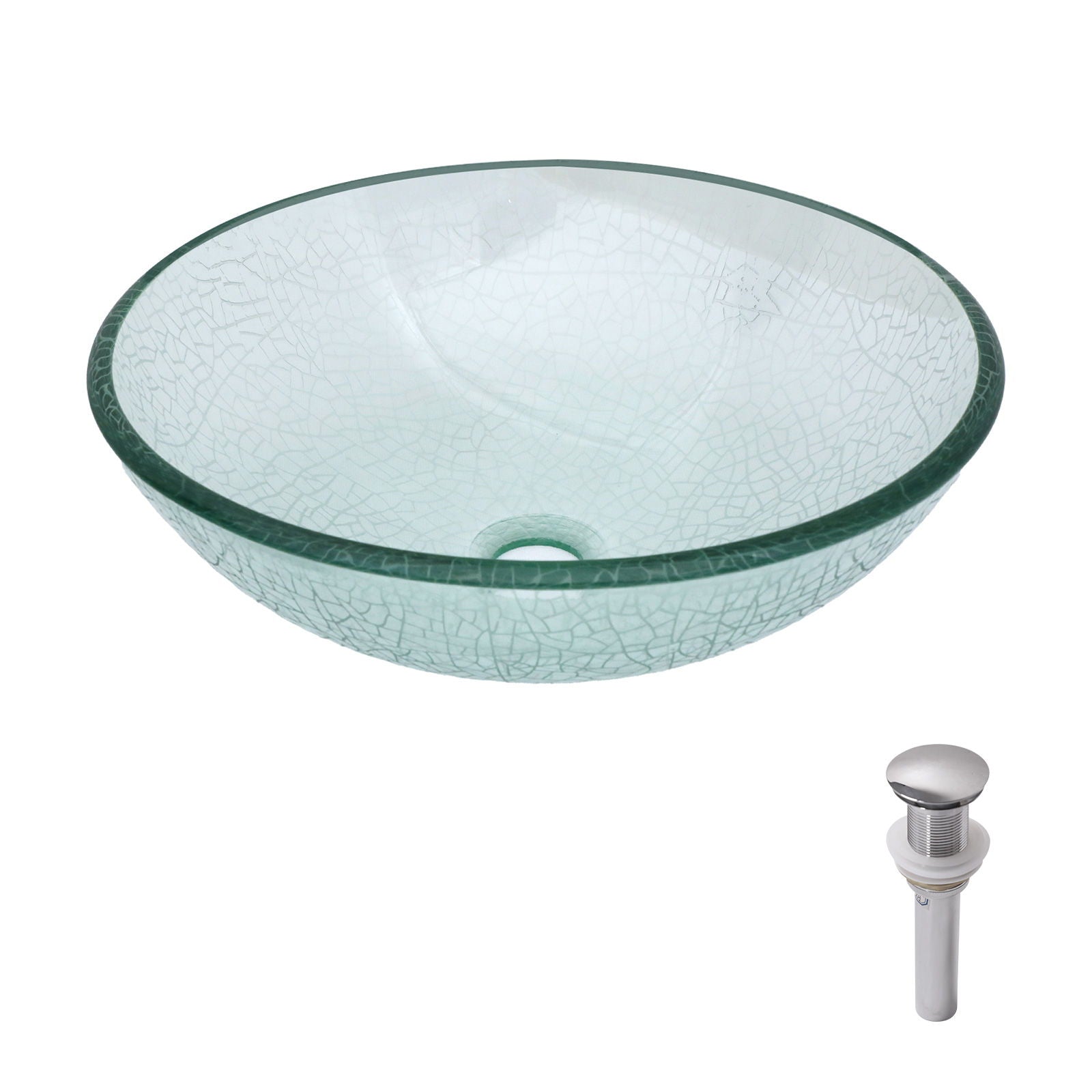 Crackle Vessel Sink, Round Bowl With Pop Up Drain - Clear