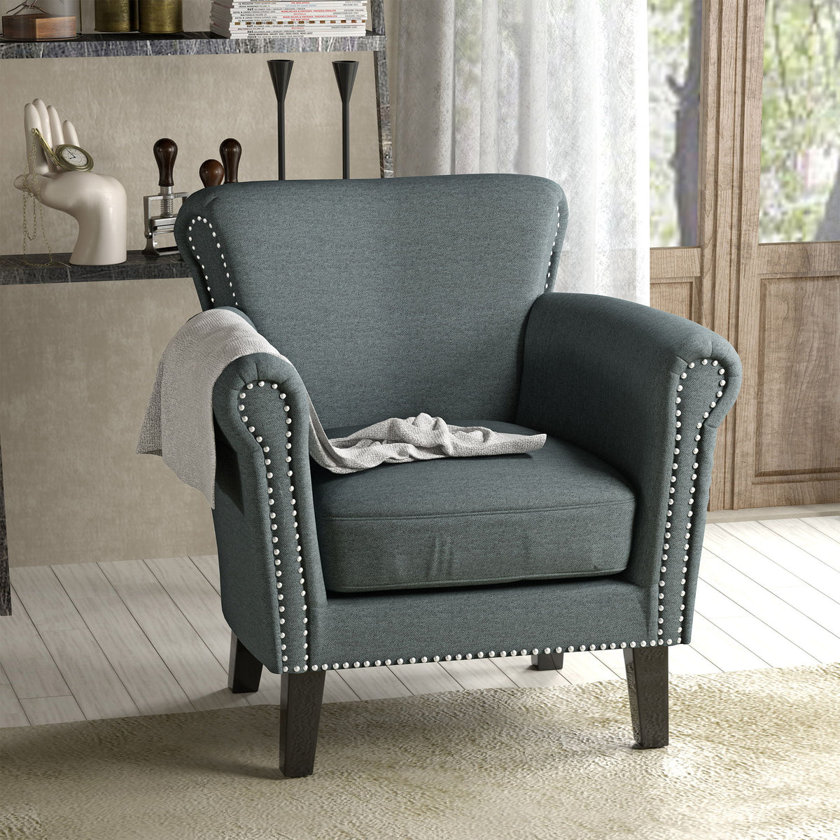 Elegant Club Chair With Nailhead Trim And Birch Wood Legs