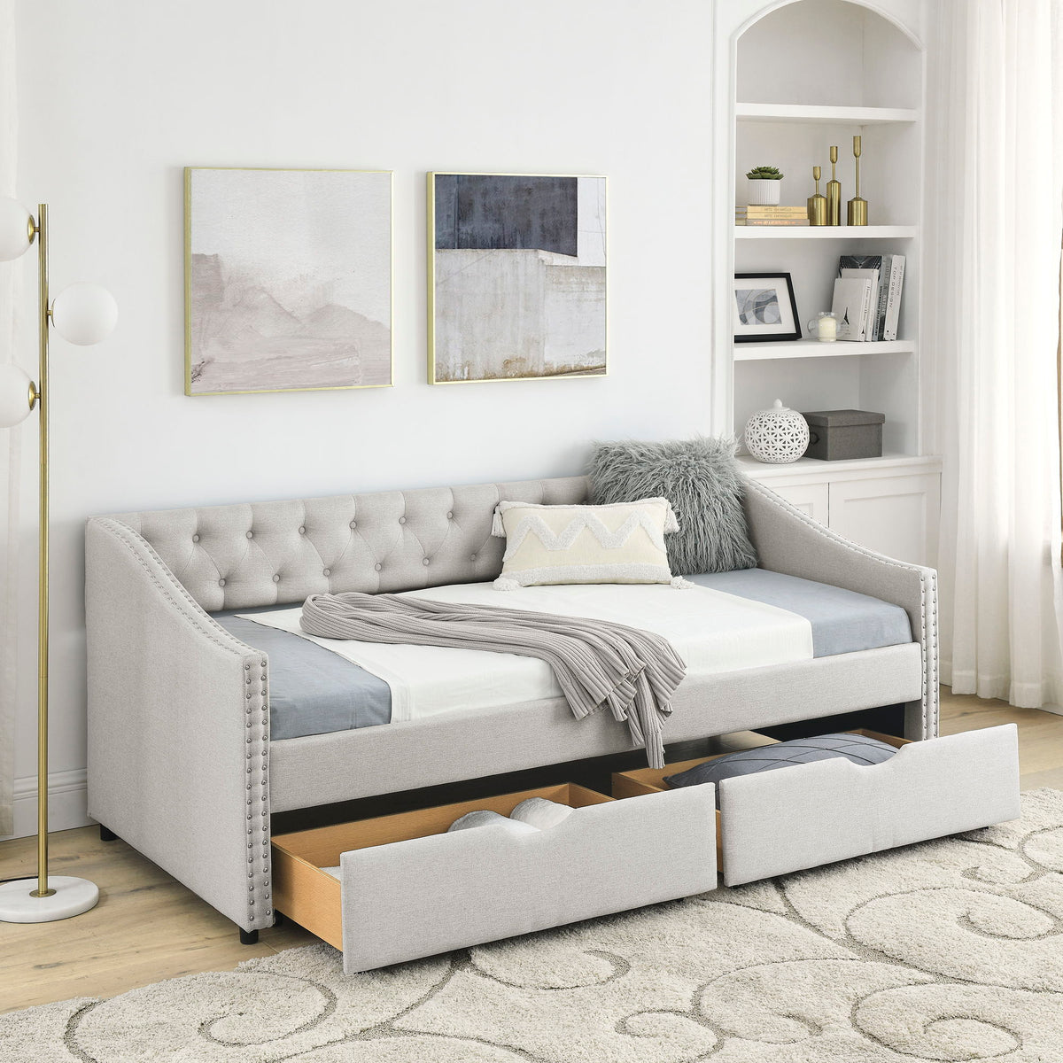 Upholstered Tufted Daybed With 2 Drawers, Waved Arms