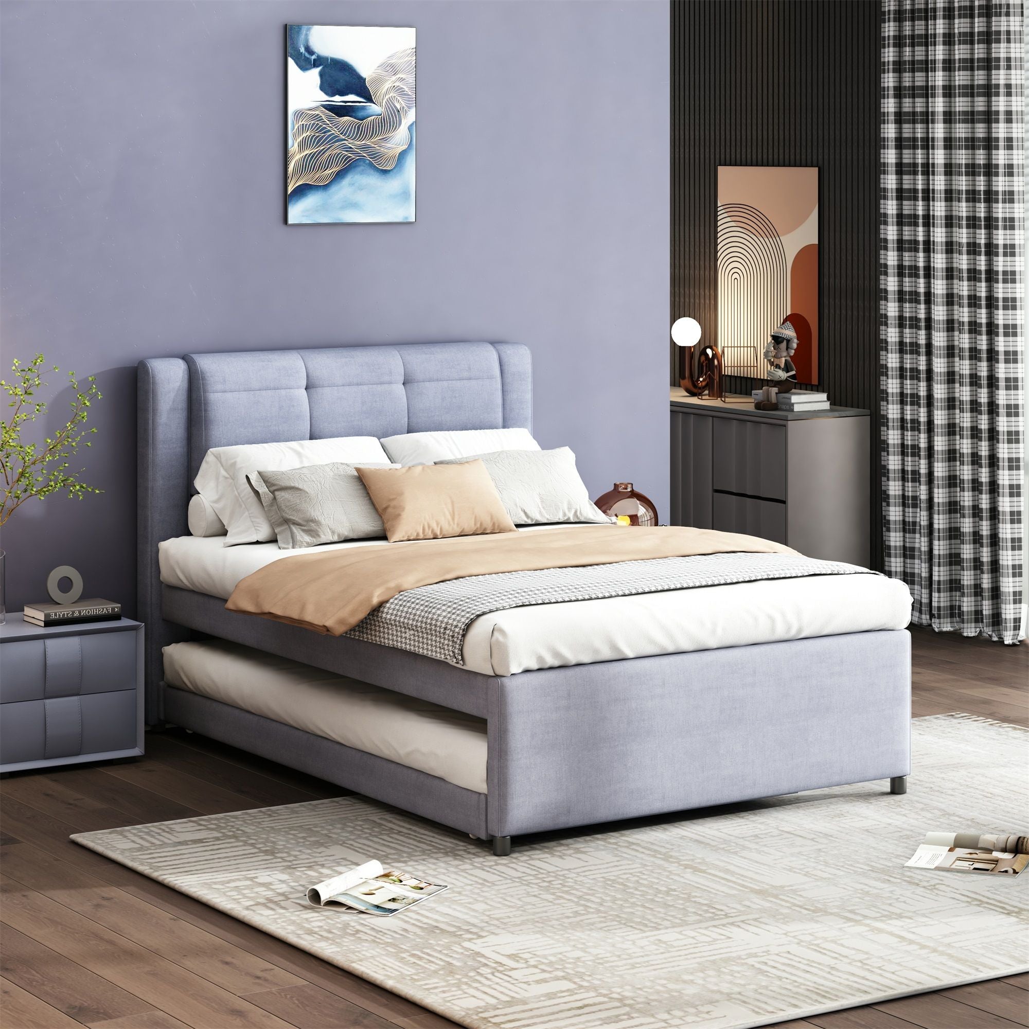 Upholstery Platform Bed With Trundle, Trundle Can Be Flat Or Erected