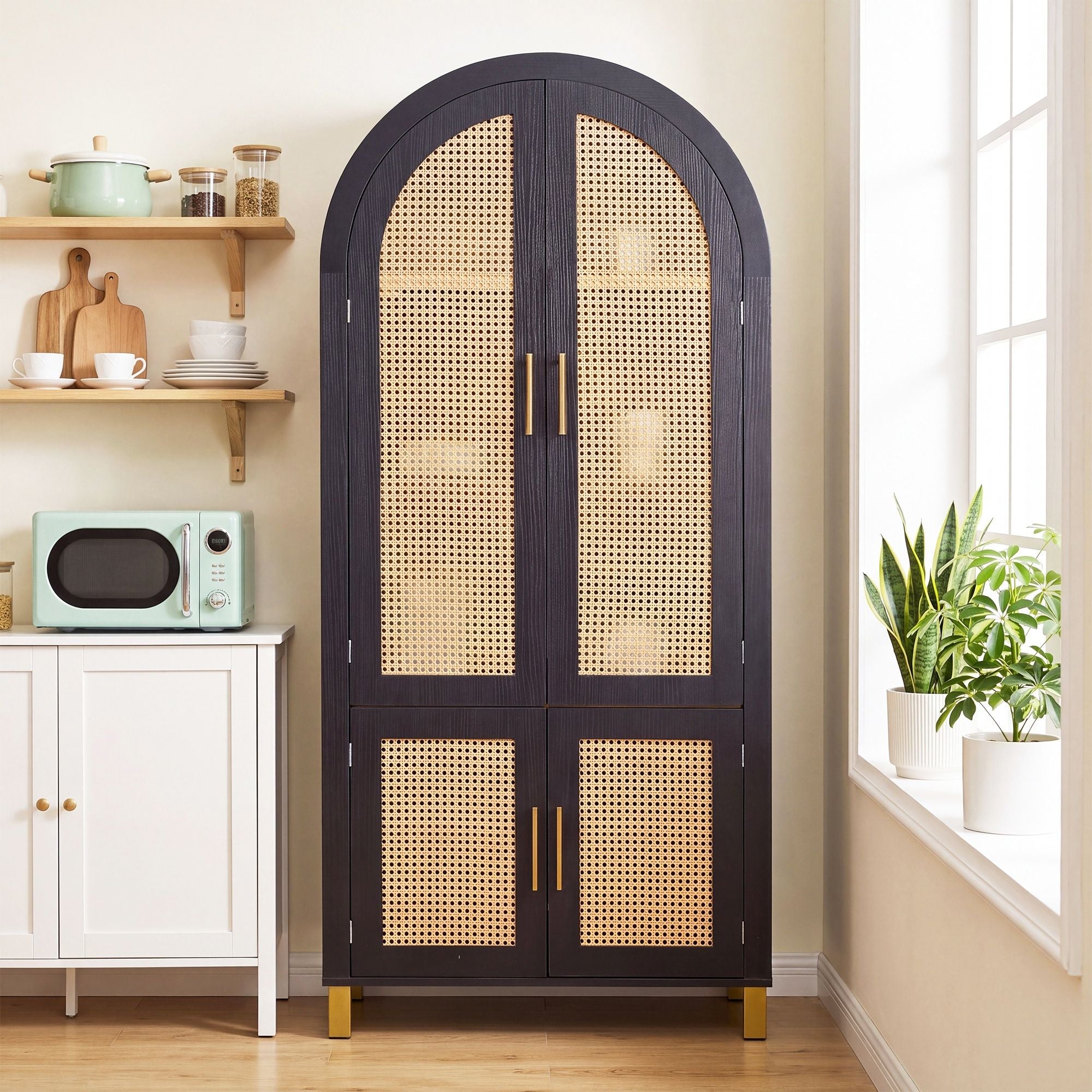 Tall Arched Cabinet With Rattan Doors & Adjustable Shelves
