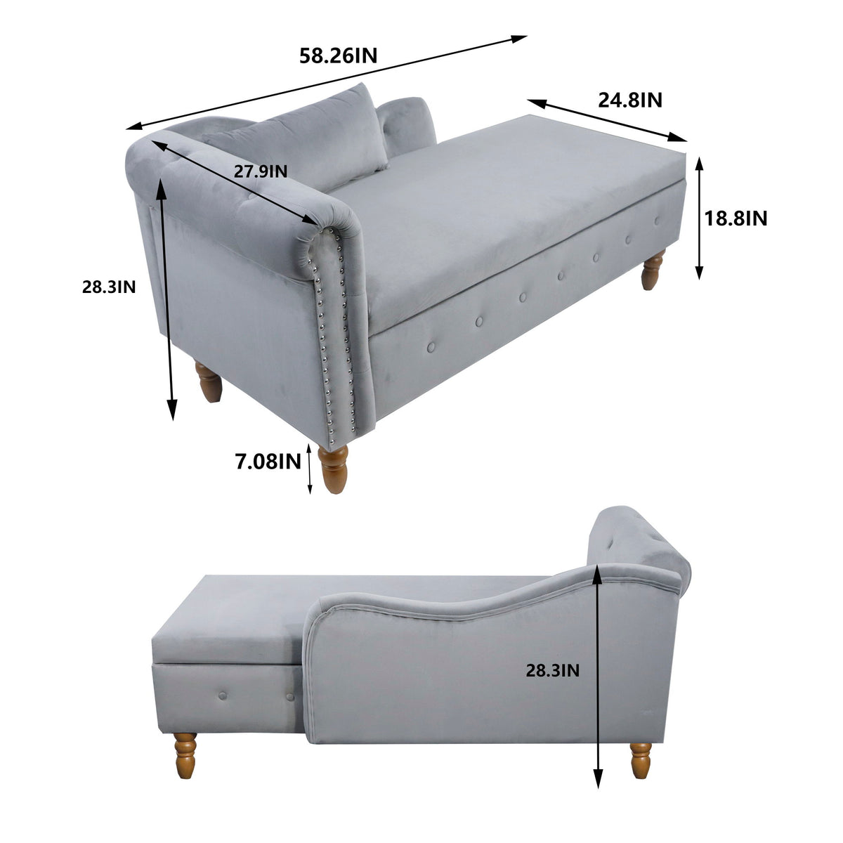 Chaise Lounge Indoor, Lounge Chair For Bedroom With Storage & Pillow, Modern Upholstered Rolled Arm Chase Lounge For Sleeping With Nailhead Trim For Living Room Bedroom Office