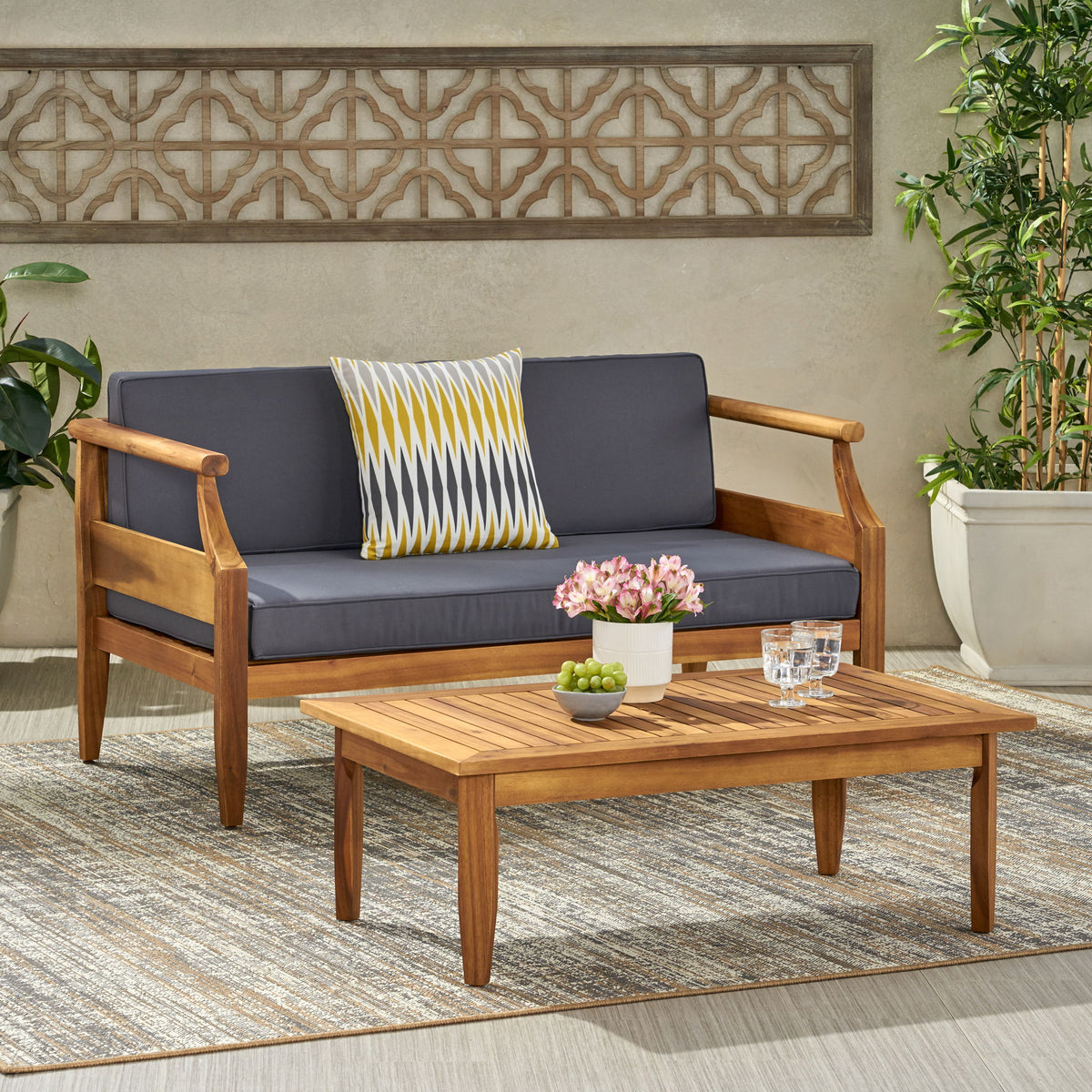 Aston - 2 Piece Wood Outdoor Patio Conversation Seating Set With Cushions