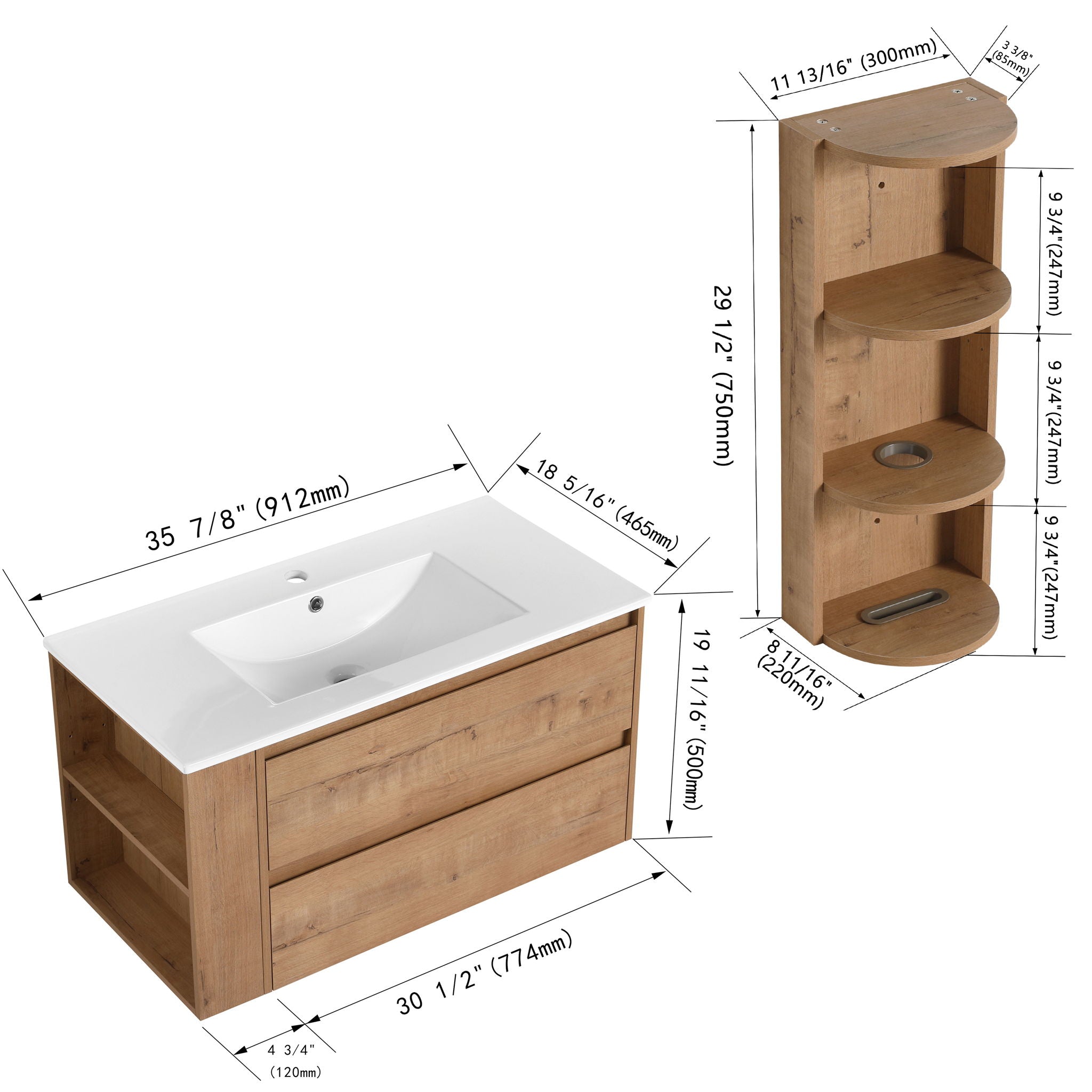 Modern Wall Mounted Bathroom Vanity With Ceramic Sink And Storage Rack, 2 Soft Close Drawers