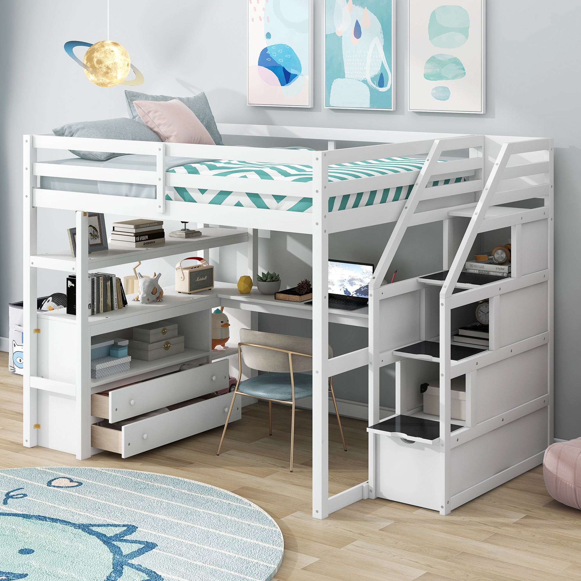 Loft Bed With Desk, Shelves, 2 Drawers, Storage Staircase