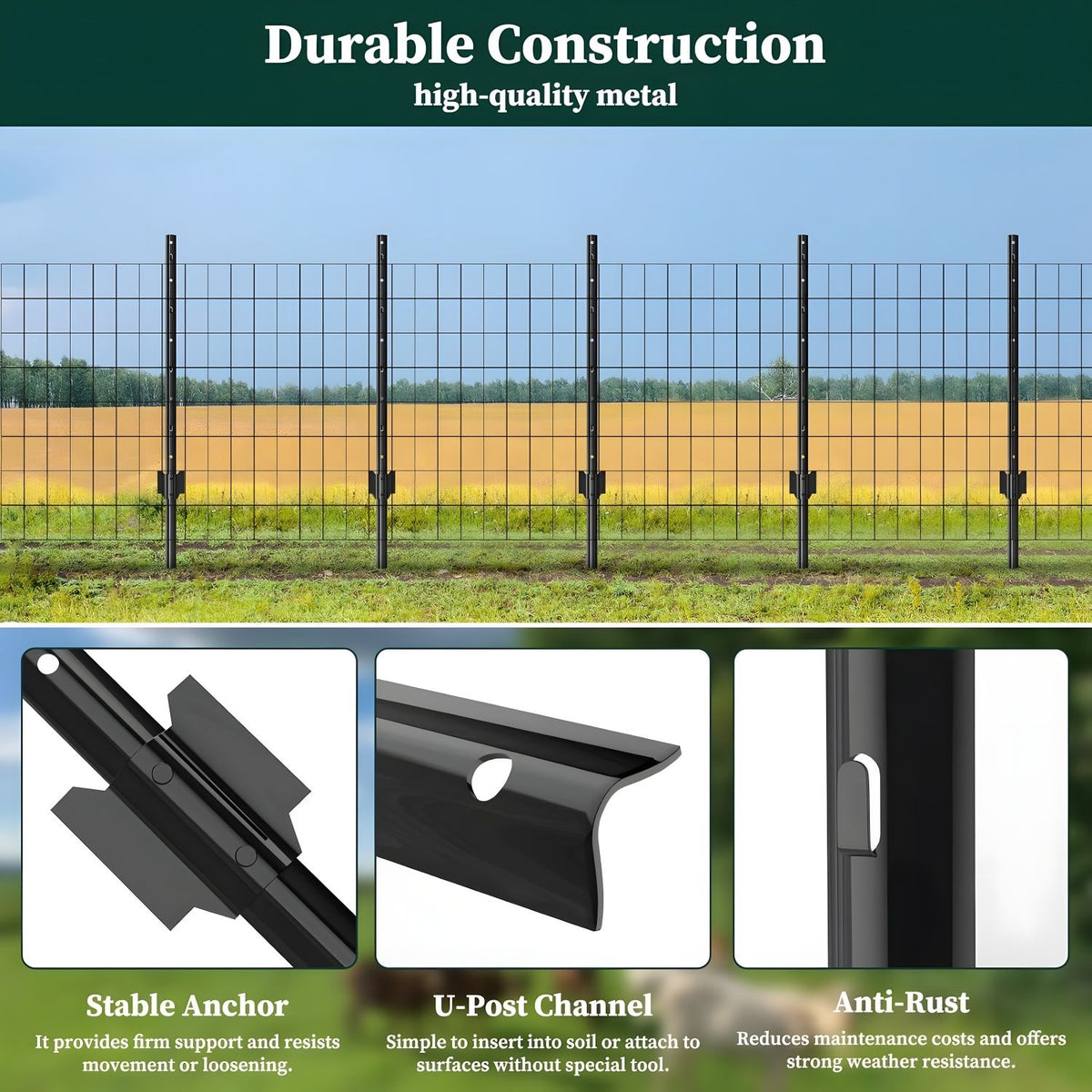 4 Foot U-Shaped Metal Garden Fence Posts Set For Wire Fencing