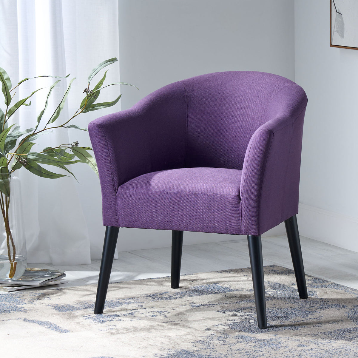 Fabric Arm Chair With Wooden Legs And Cushioned Seat - Plum