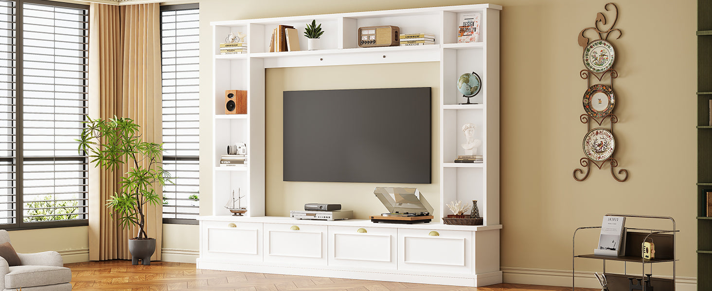 Large Wall Unit Entertainment Center with Bookshelves for TVs Up to 78" Modern TV Console with Cabinets and Open Shelves, 4-in-1 TV Stand with Golden Handles, White, 104.2&