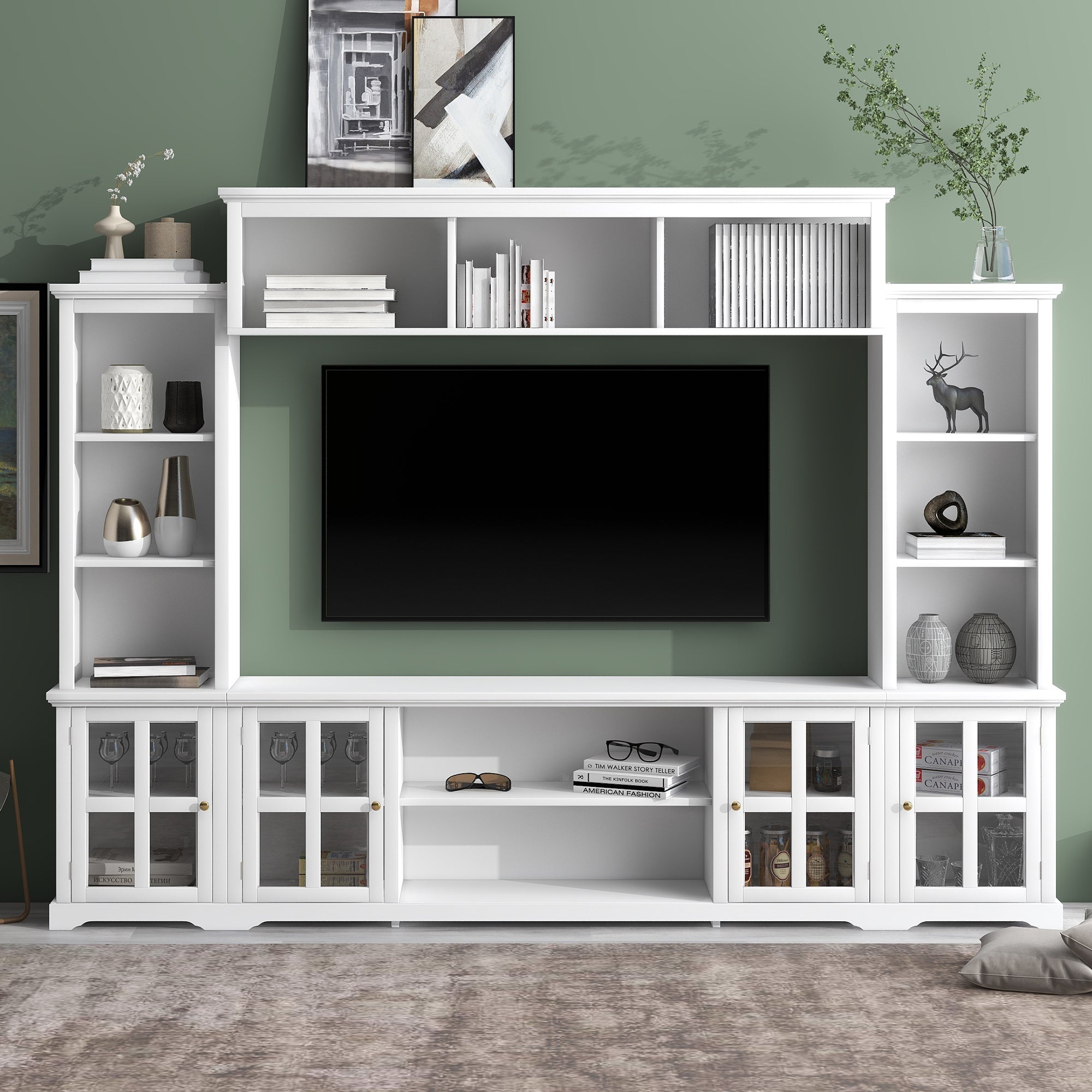Entertainment Wall Unit with Bridge, Modern TV Console Table for TVs Up to 70", Multifunctional TV Stand with Tempered Glass Door, White