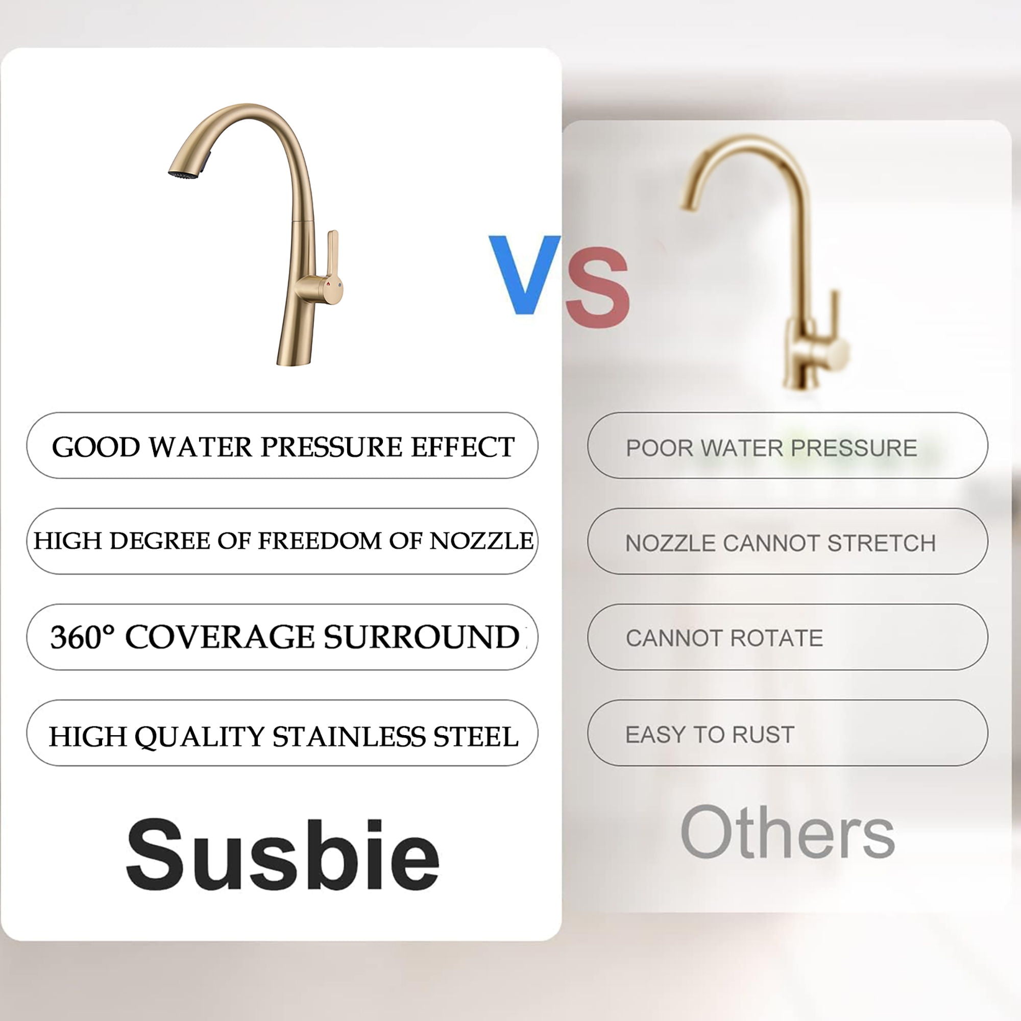 Elegant Single Handle Stainless Steel Pull Out Kitchen Faucet With High Arch Spout