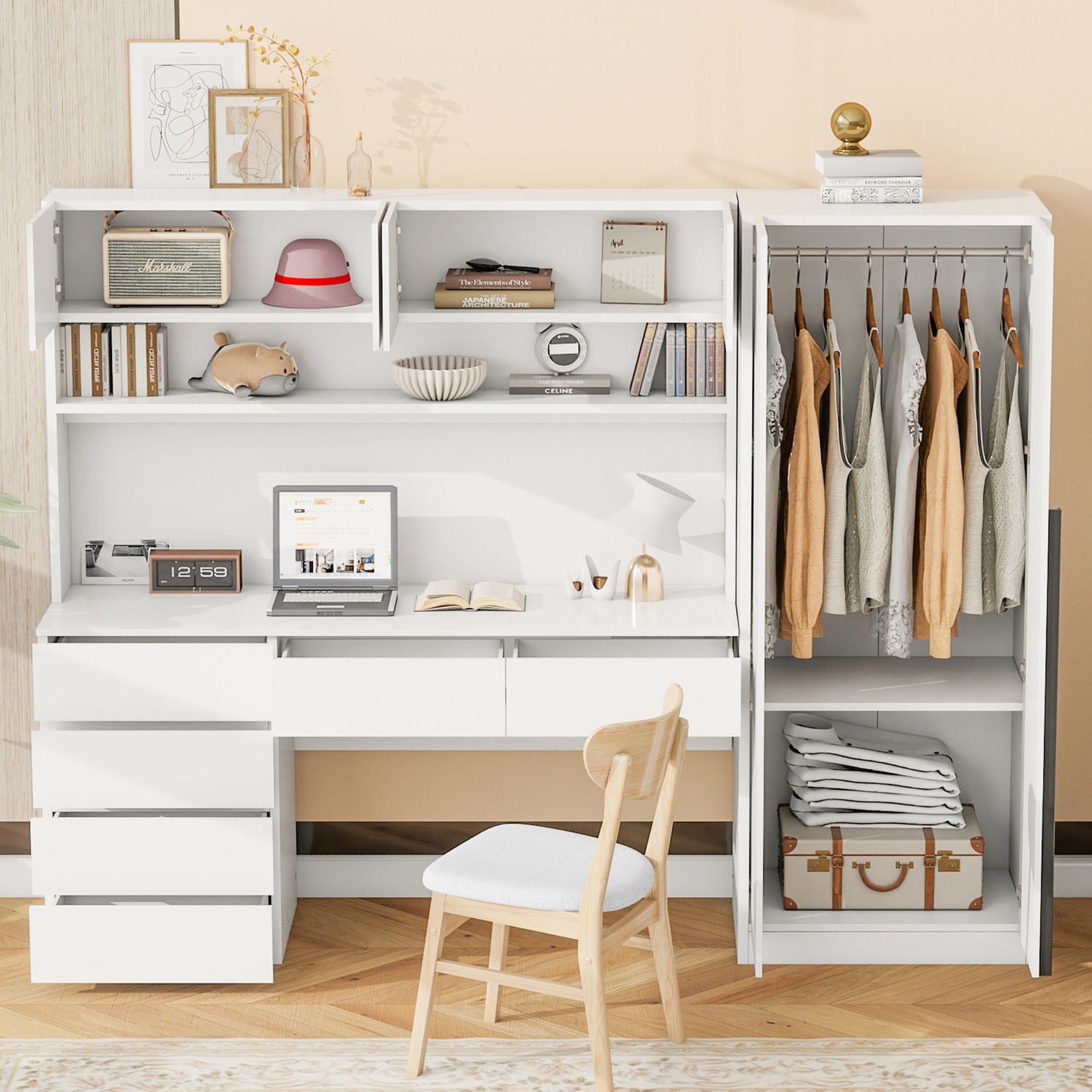 2 Door Storage Desk Wardrobe For Bedroom With Shelves And Drawers