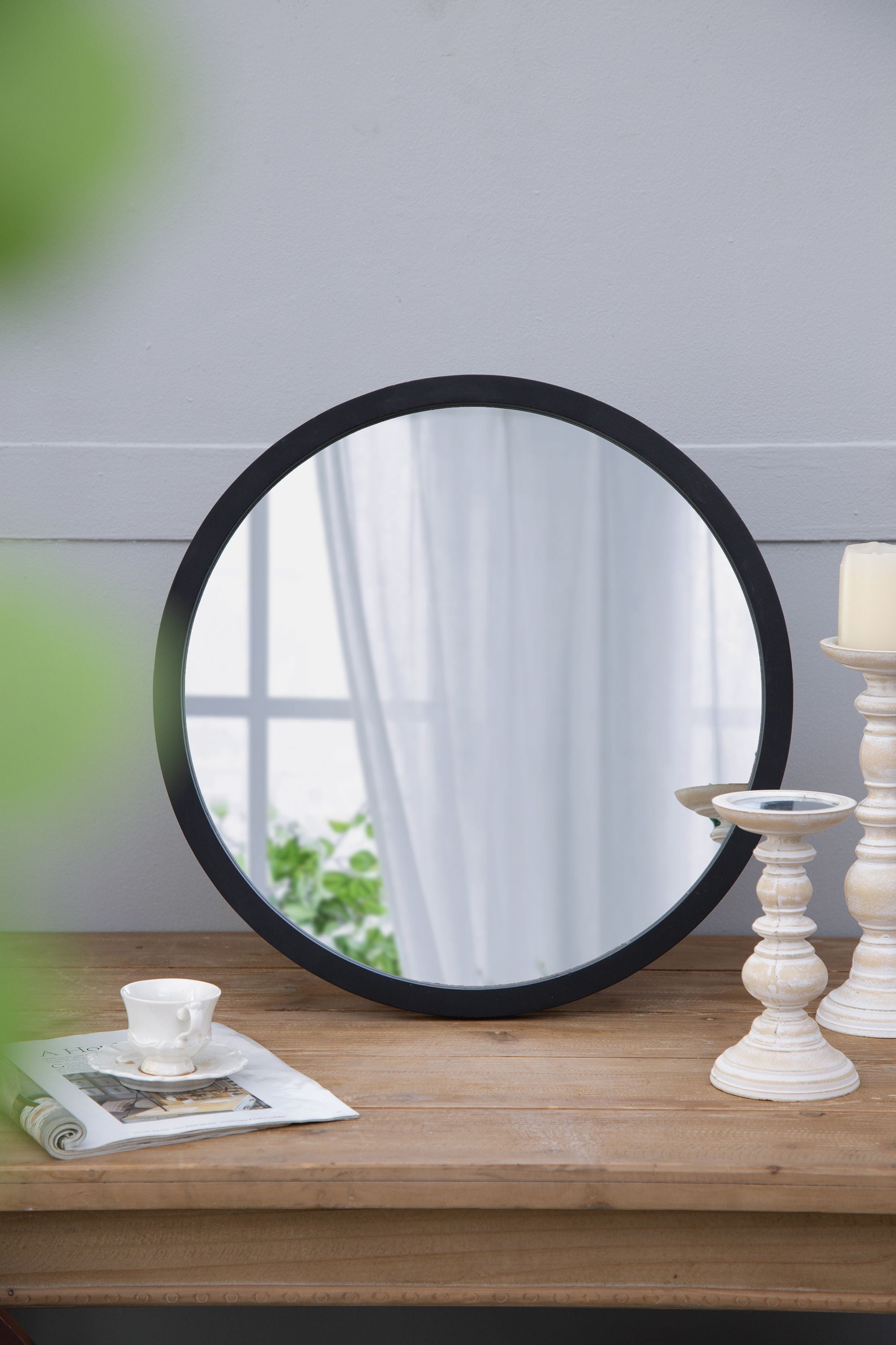 Circle Wall Mirror With Wooden Frame, Wall Mirror For Living Room