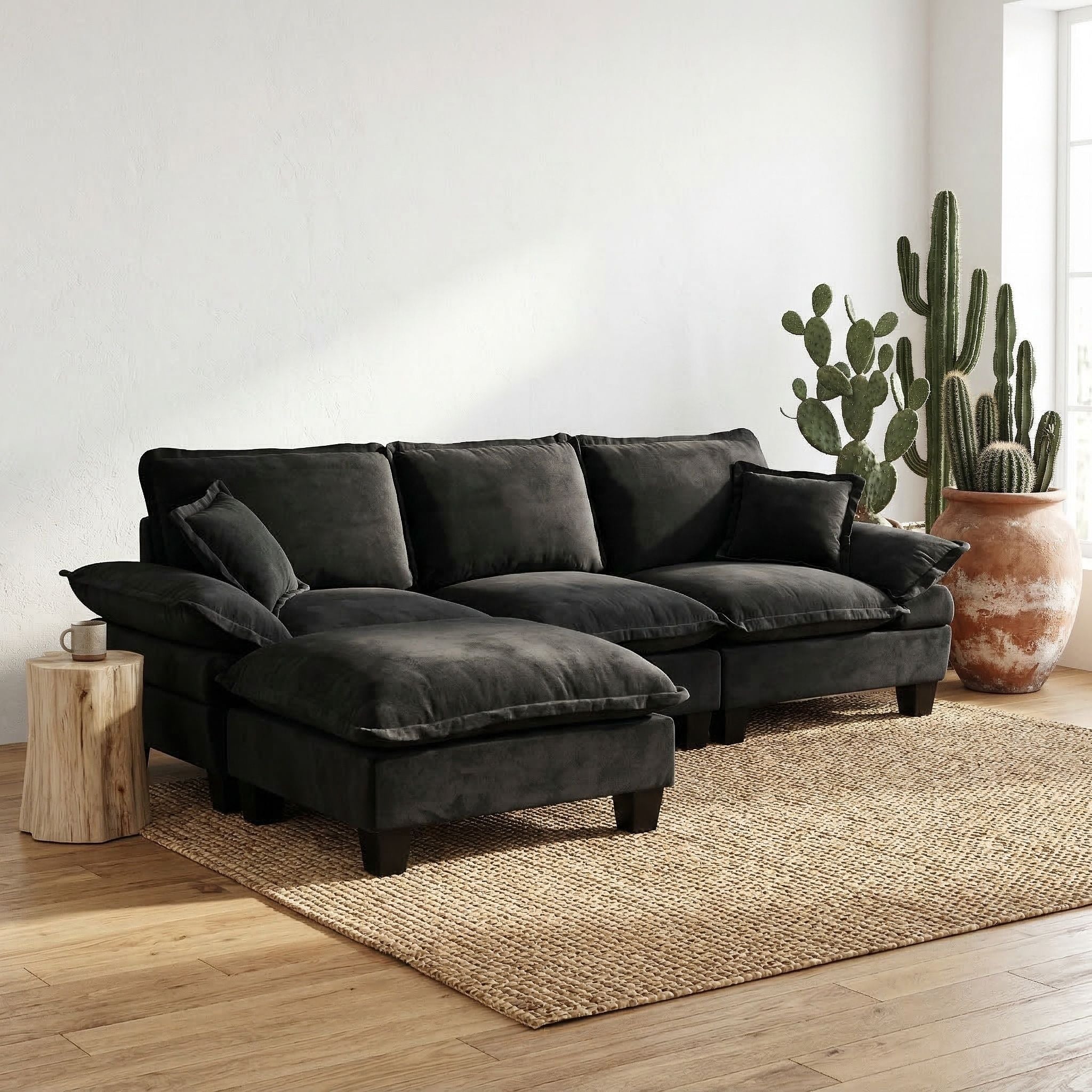 Modular Sectional Sofa With Movable Ottoman & Pillows