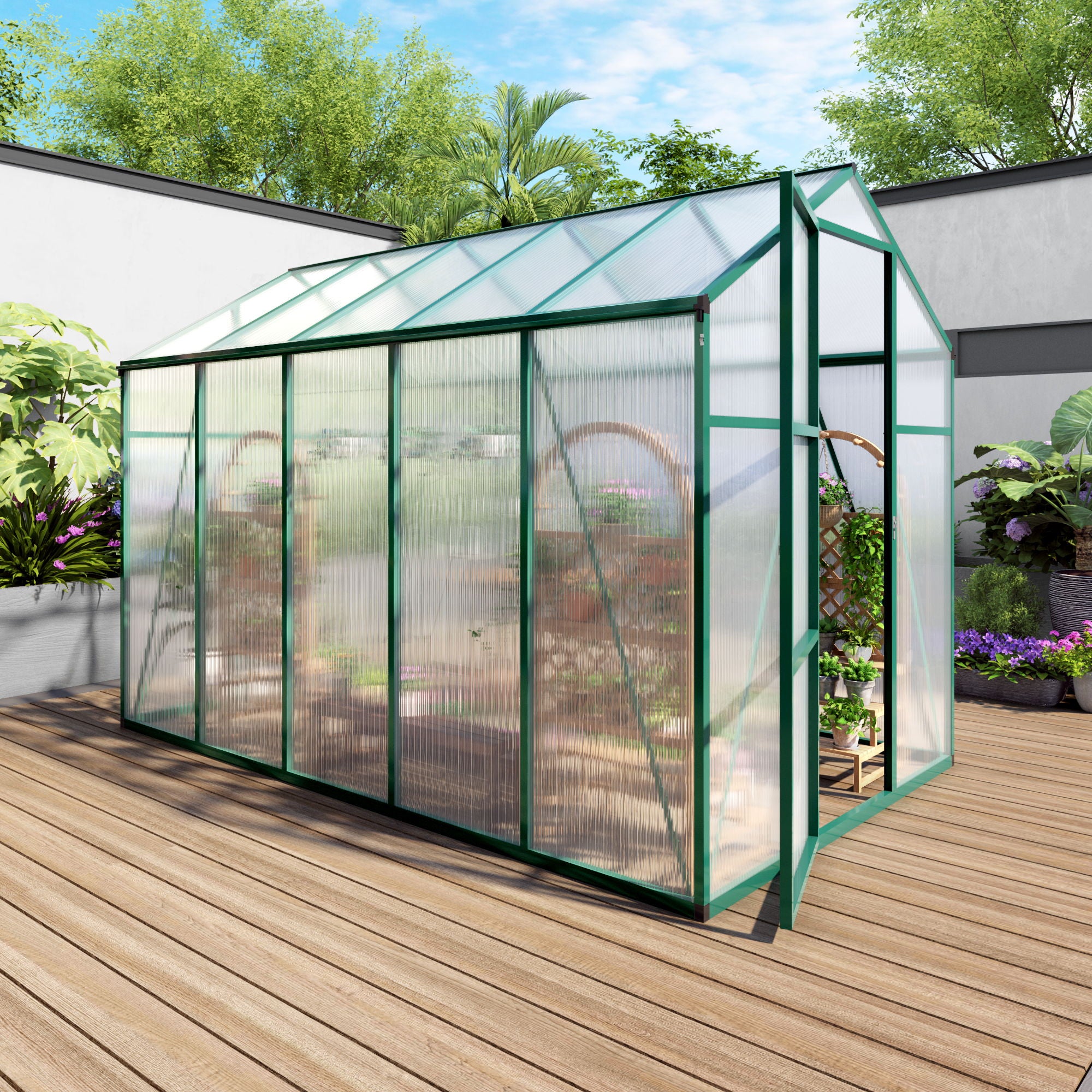 Polycarbonate Walk-In Greenhouse, Raised Base For Outdoor In All Season